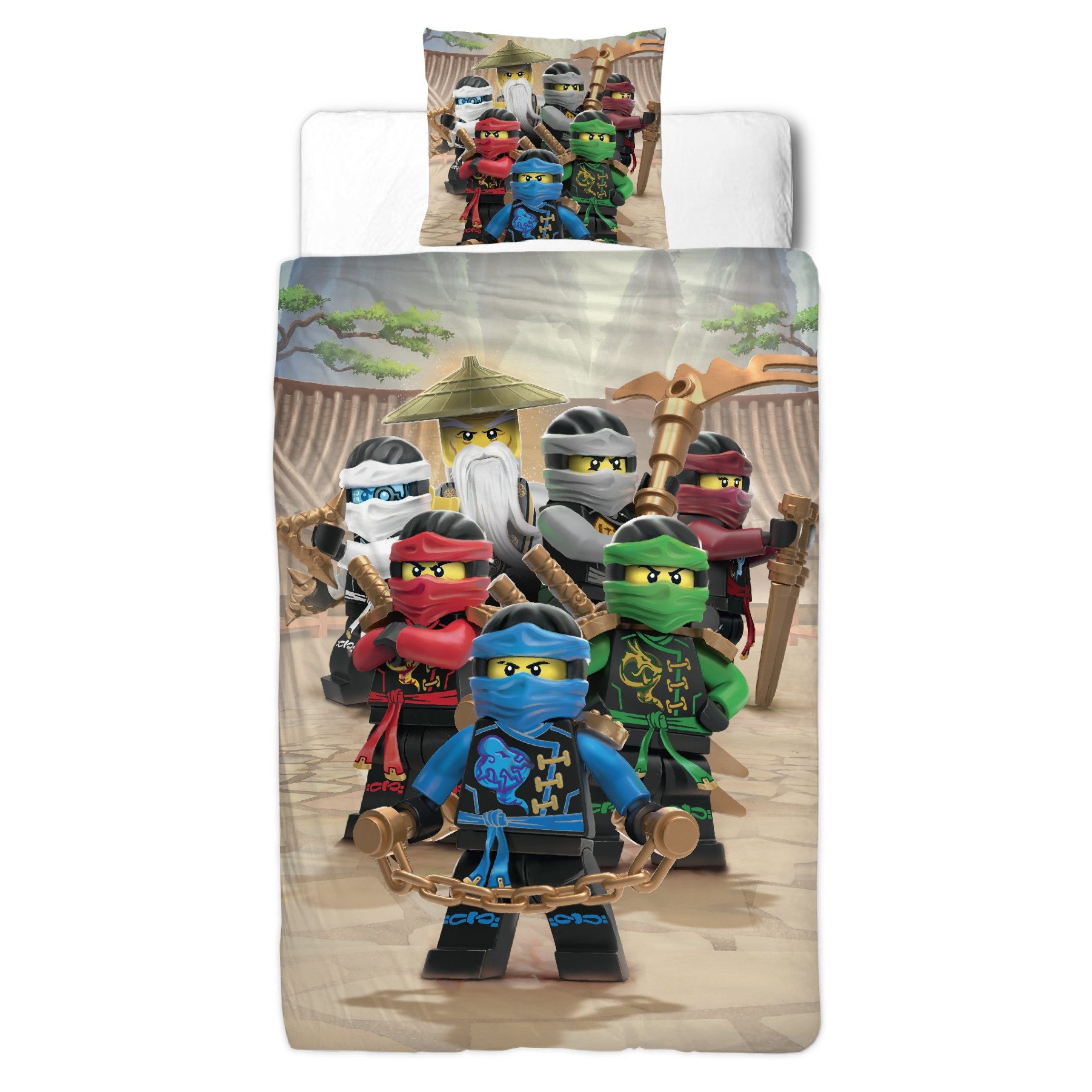 MTOnlinehandel Bettwäsche Lego Ninjago 135x200 + 80x80 cm, 100 % Baumwolle, Renforcé, 2 teilig, Wende-Motiv mit Lloyd, Kai & dem NINJAGO Team