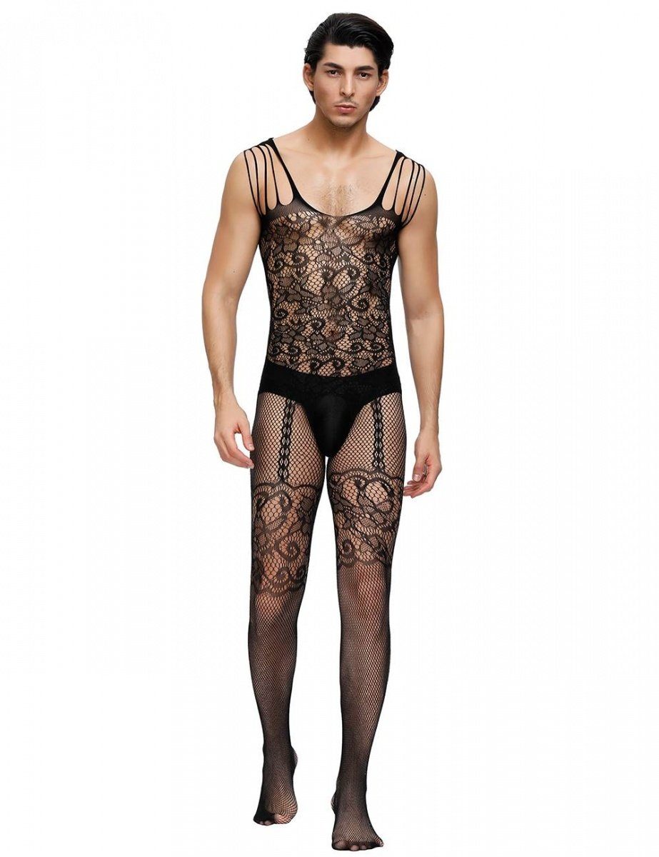 Lau-Fashion Lange Unterhose Bodystocking Catsuit Spitze Transparenz Reizwäsche Strapse Träger S/L