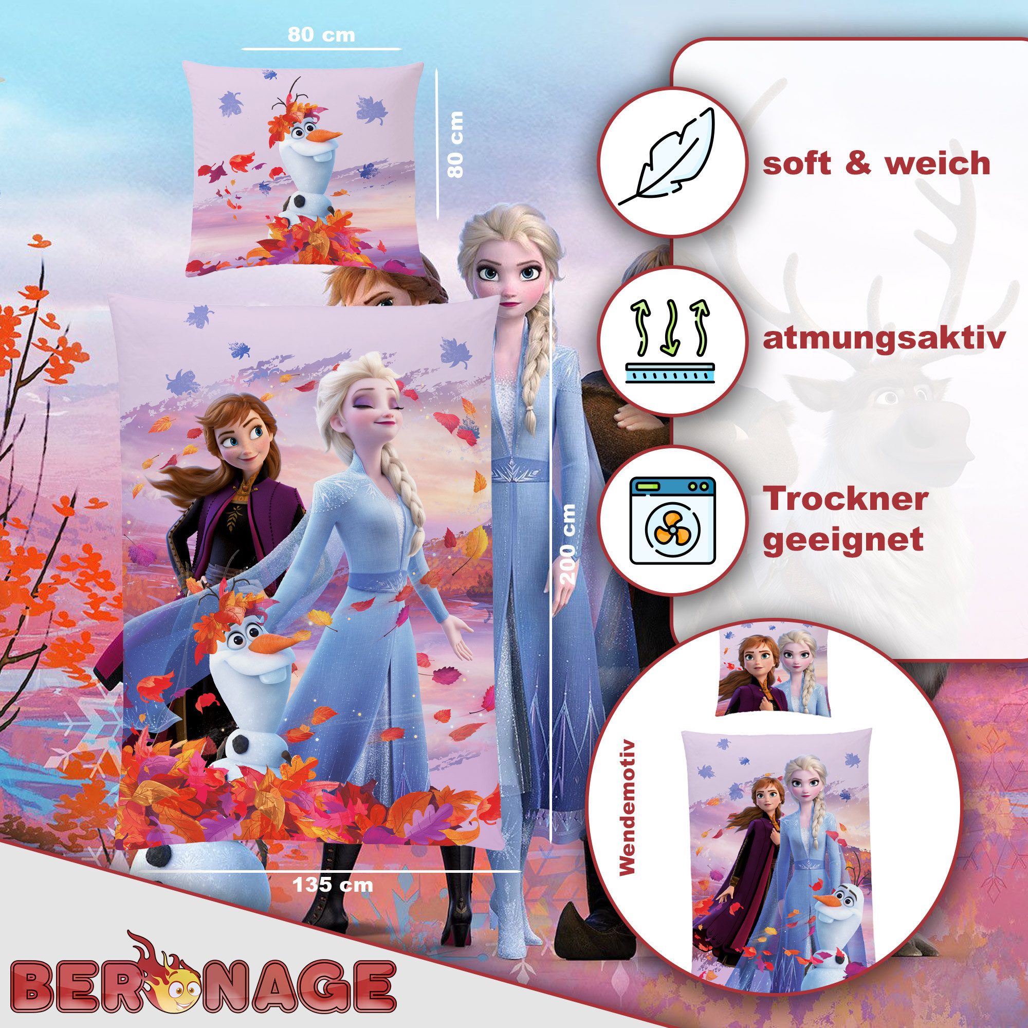 BERONAGE Kinderbettwäsche Frozen Die Eiskönigin Dreamteam Bettwäsche Biber / Flanell, 100% Baumwolle, 2 teilig, 135x200 + 80x80 cm