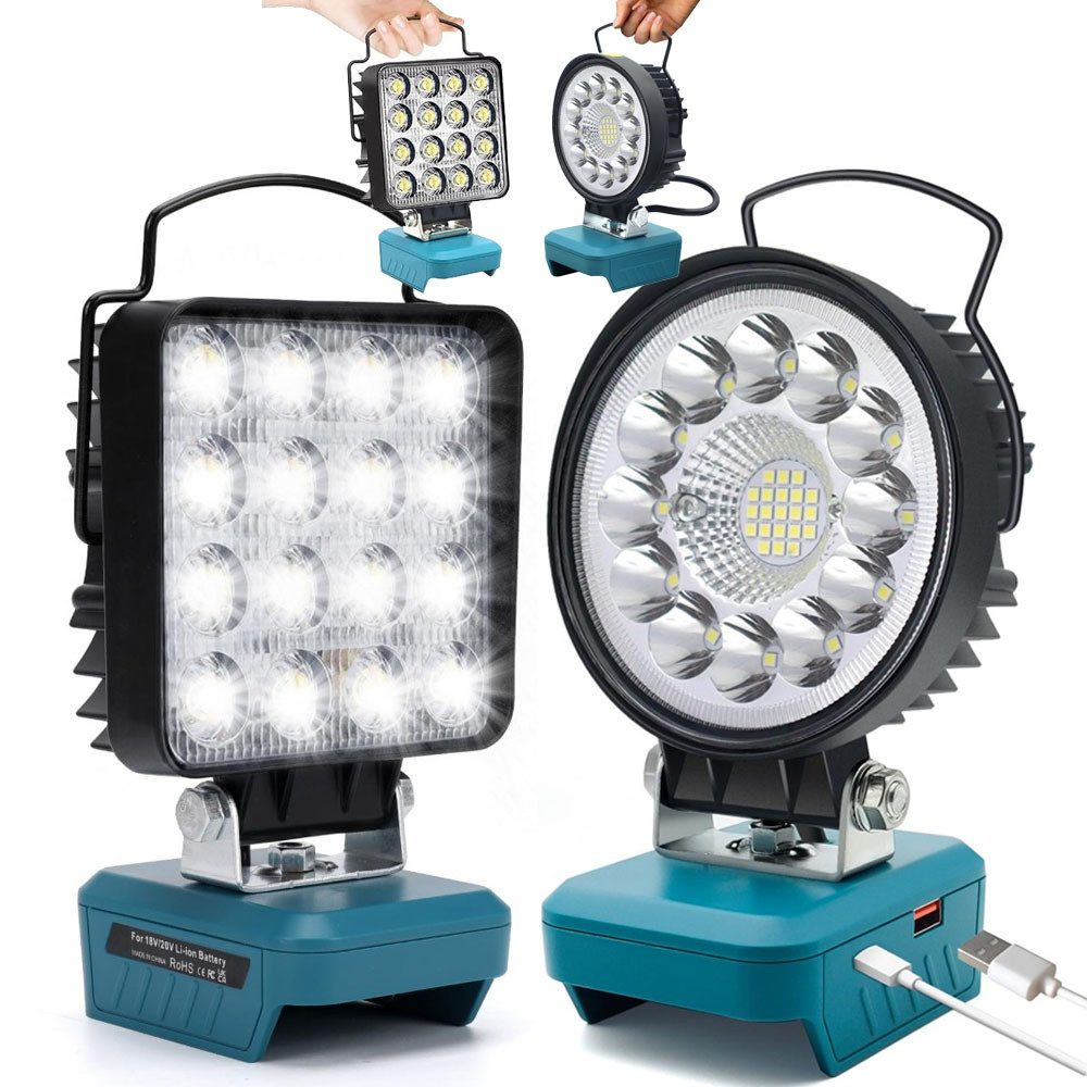 PRIISF LED Arbeitsleuchte LED Camping Lampe Arbeitslicht Strahler Licht Taschenlampe Baustrahler, Quadratisch, LED fest integriert, Tageslichtweiß, Für Makita Li-ion Akku LED Arbeitsleuchte mit Typ C und USB-Aufladung