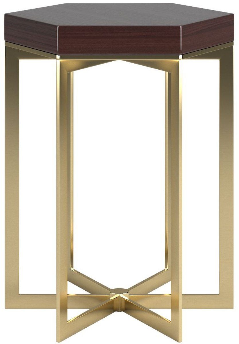 Casa Padrino Beistelltisch Designer 6-eckiger x - Qualität cm Edler Tischplatte Tisch Dunkelbraun Hochglanz - Massivholz Gestell und Beistelltisch 50 Gold 50 / x mit Edelstahl H. 65 Luxus