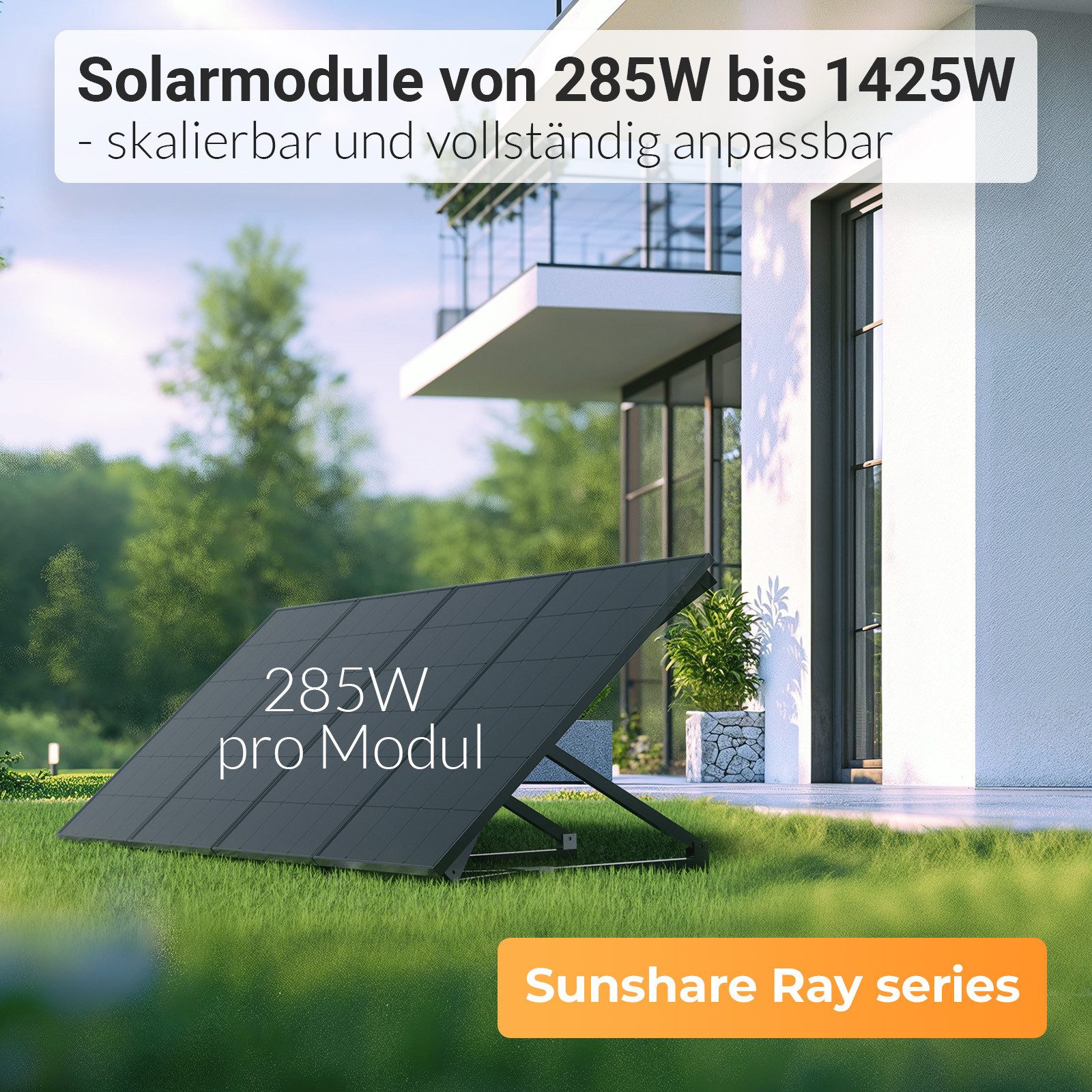 Sunshare Balkonkraftwerk Ray 1140/1425W mit 2kWh Glory Speicher & Flachdach-/Gartenhalterung, 285 W, Monokristallin N‑Typ TOPCon, (Komplettset, 4-St), Ideal für Flachdach & Garten, flexibel ausrichtbar und erweiterbar