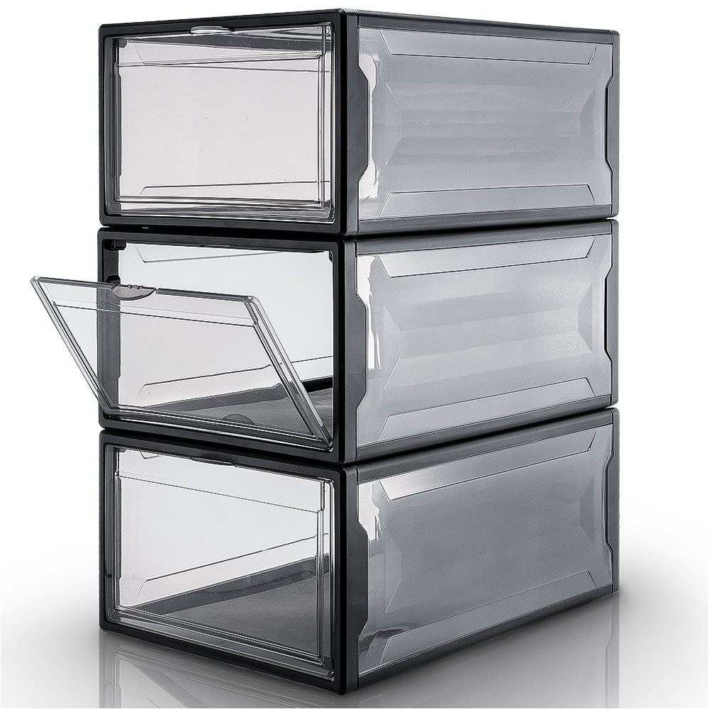 Yorbay Schuhbox 3er Set Schuhbox, stapelbarer Schuhorganizer, Schuhaufbewahrung (Kunststoffbox mit halbdurchsichtige Tür), Halbdurchsichtig schwarz, für Schuhe bis Размер 48