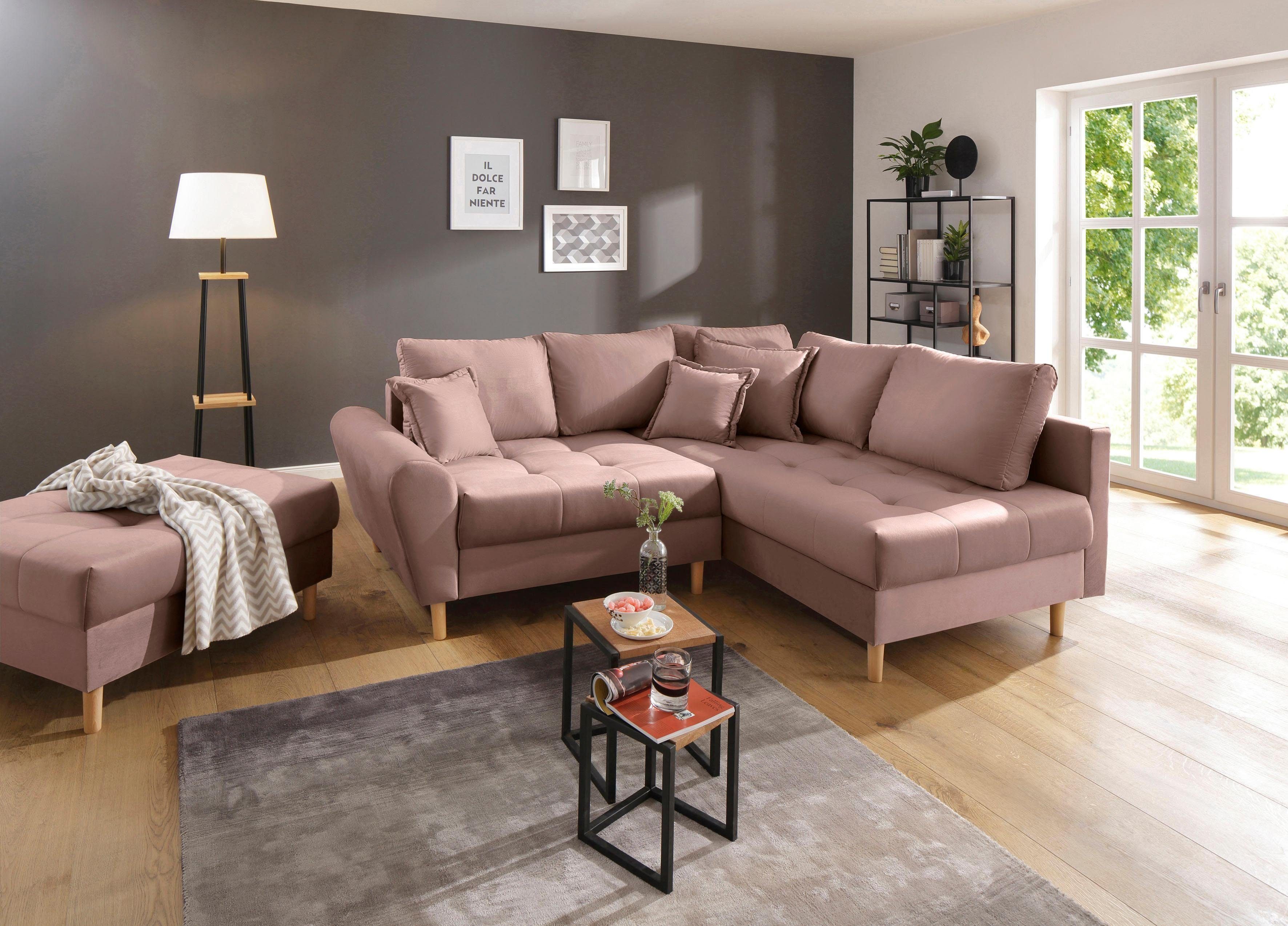 Home affaire Ecksofa "Rice L-Form, B: 223 cm" Set: Sofa & Hocker, mit 3 Zie günstig online kaufen