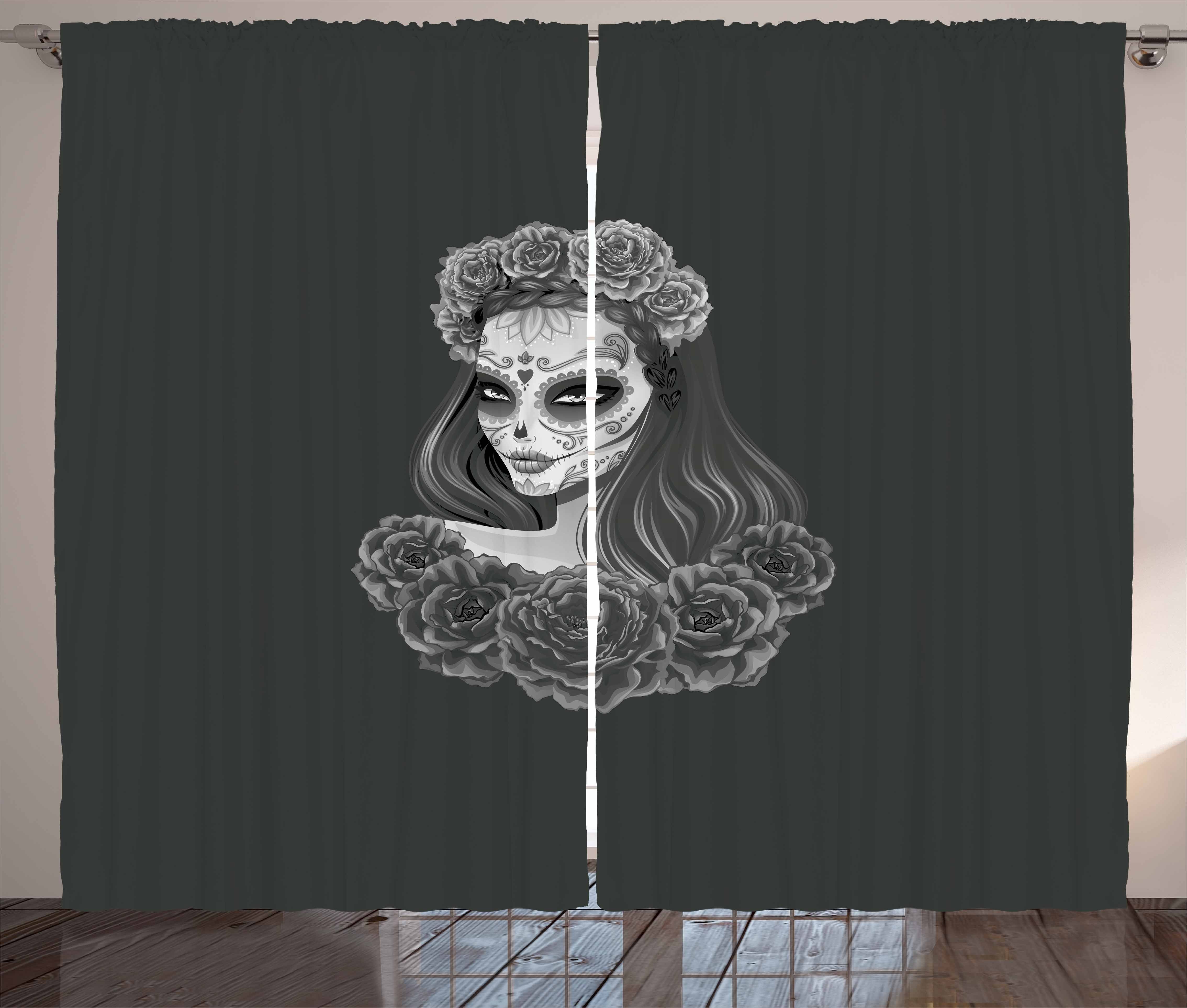 Gardine Schlafzimmer Kräuselband Vorhang mit Schlaufen und Haken, Abakuhaus, Tag der Toten Calavera Mädchen