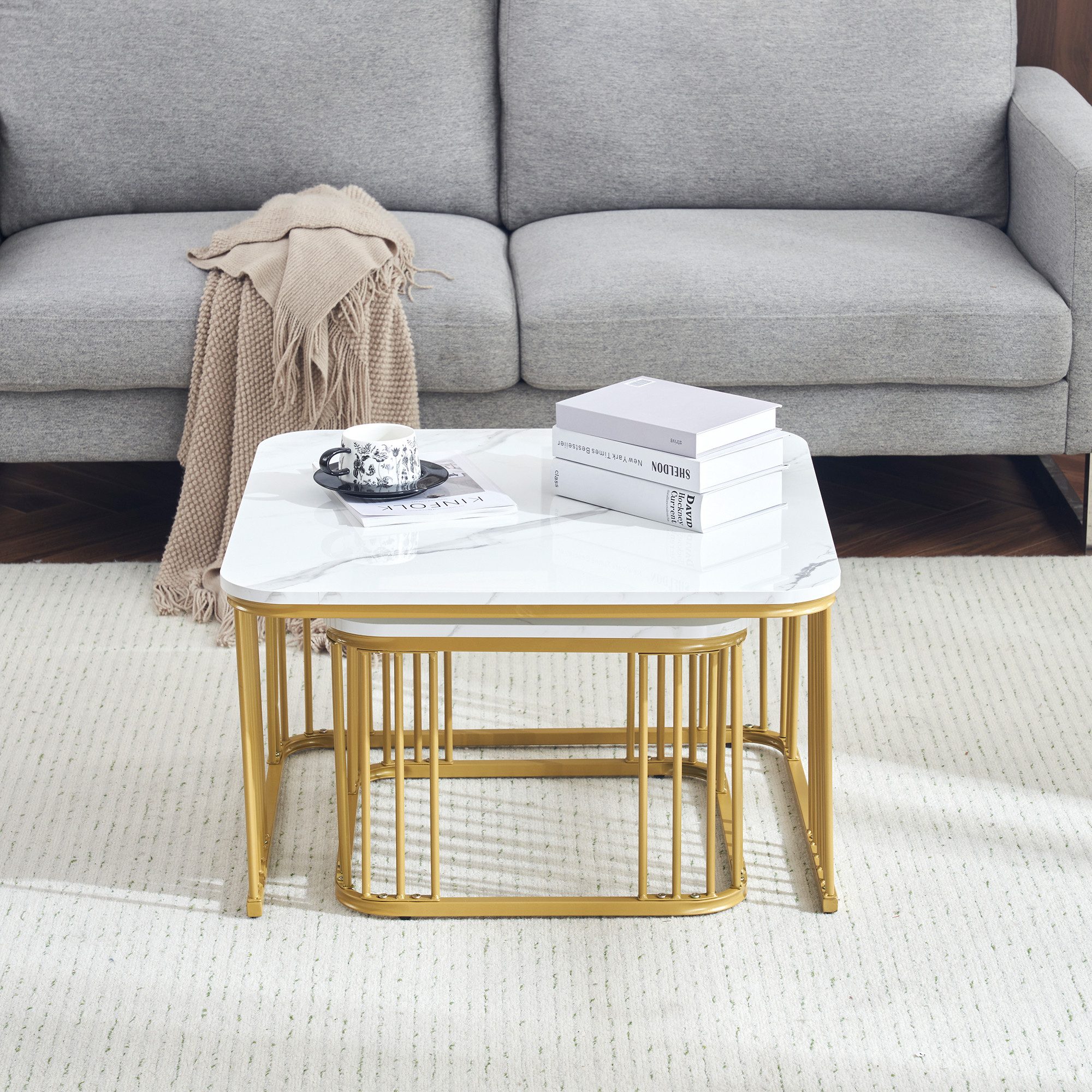 MODFU Couchtisch und 2er Set, Beistelltisch (2-St., 1), mit Tischplatte in Marmoroptik, Satztisch mit Metallrahmen