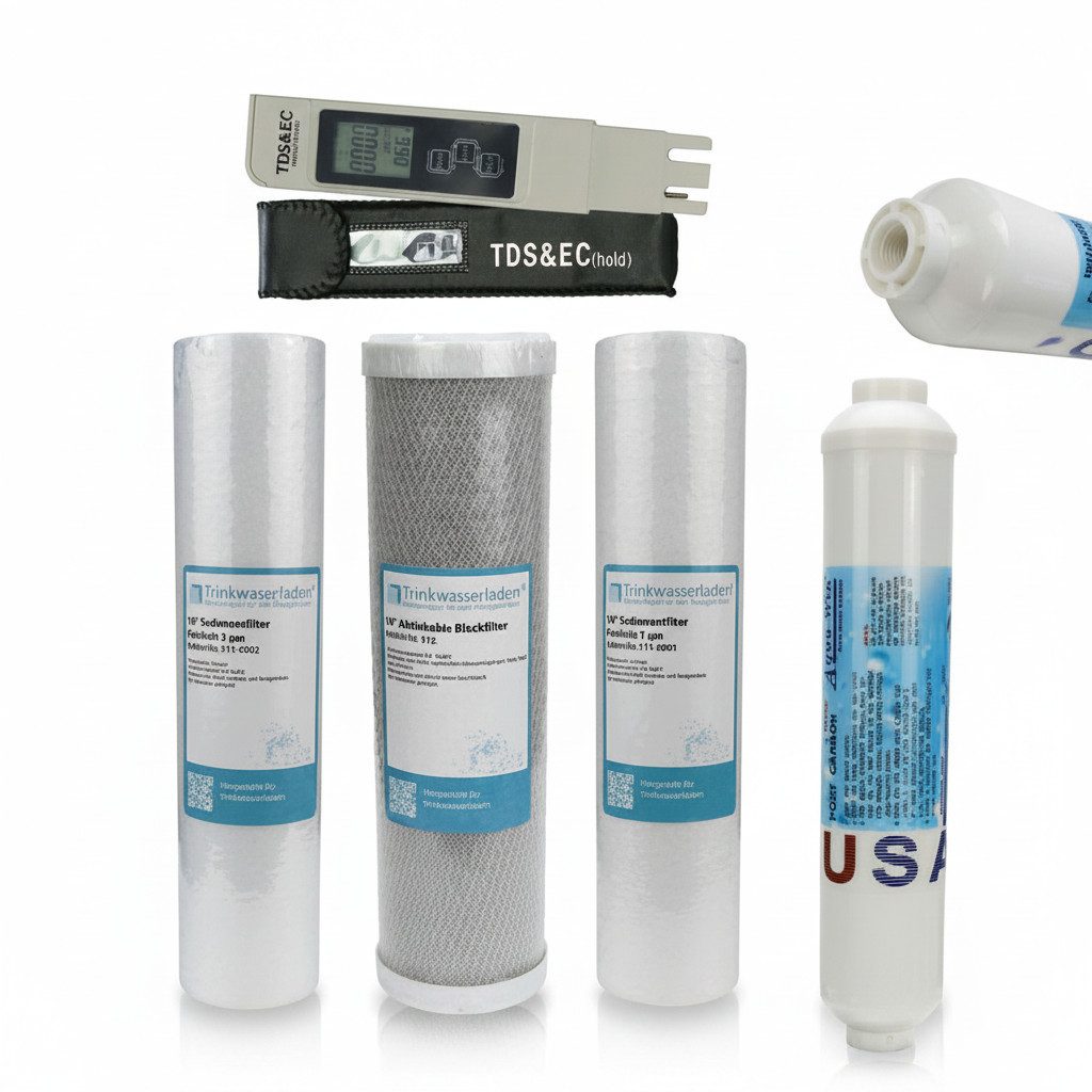 Trinkwasserladen Filtereinsatz, Filterset 10" 4-teilig + Wassertester TDS/EC - Umkehrosmose