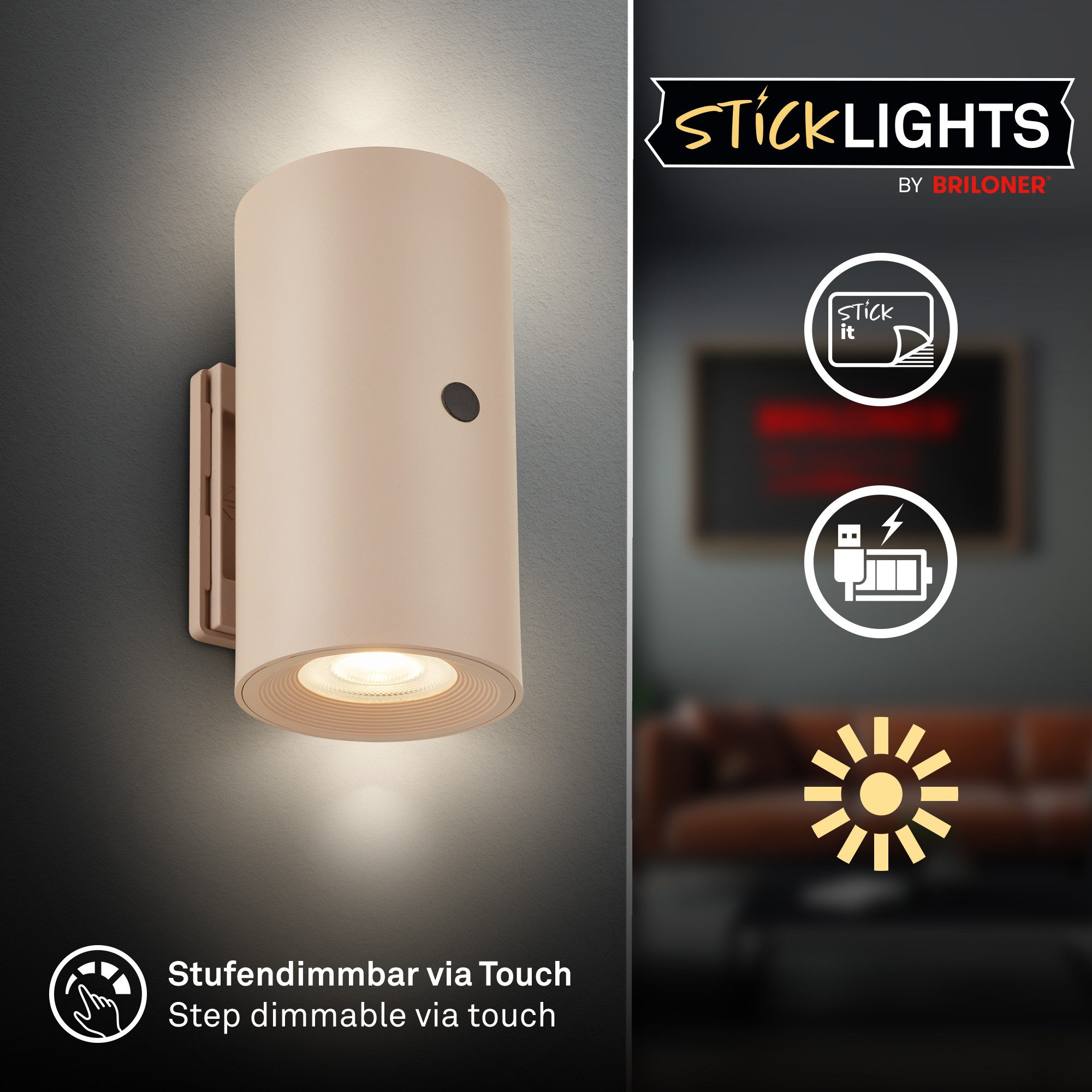 Briloner Leuchten LED Wandleuchte Dimmbar Touchfunktion Kabellos Warmweiß, LED fest integriert