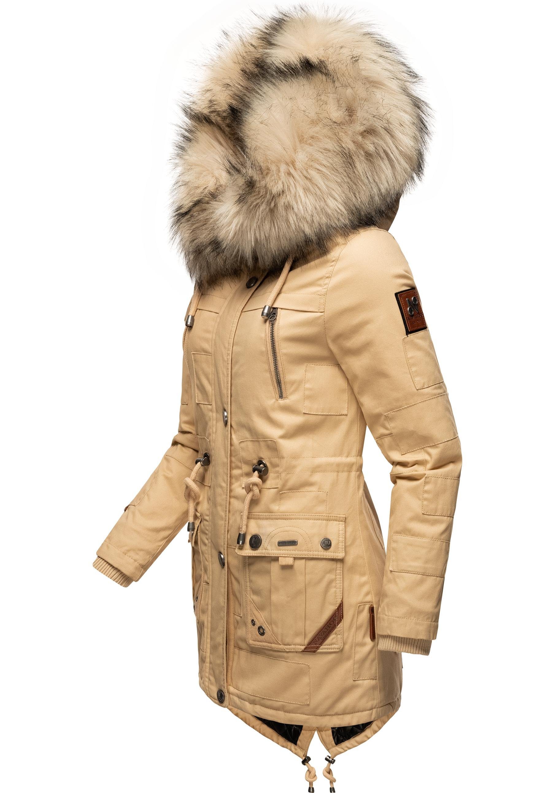 Navahoo Wintermantel Honigfee Baumwollparka stylischer beige mit Kunstfell-Kapuze