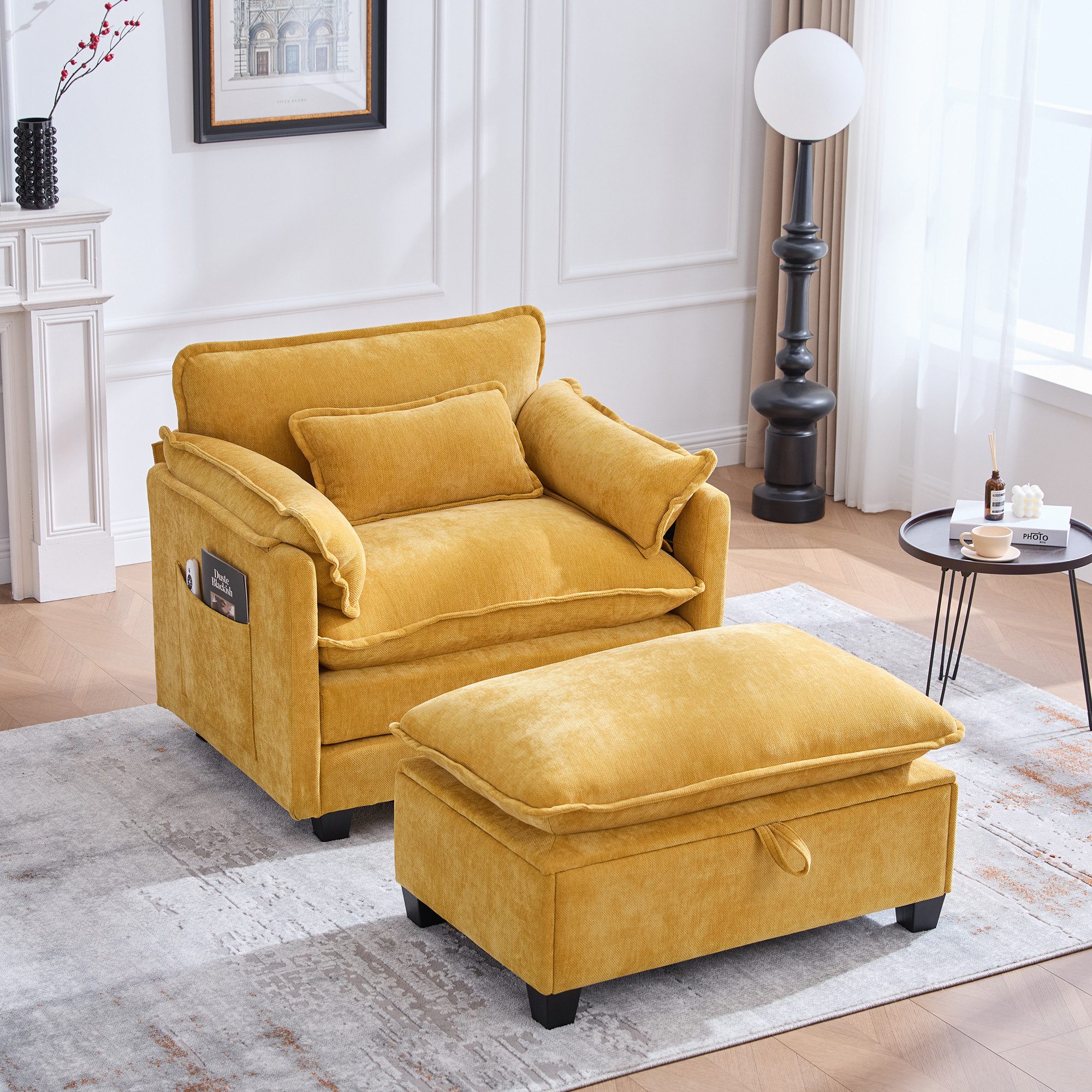 TavilaEcon Relaxsessel Ottomane mit Fußstütze & Seitentaschen & Kissen für Wohnzimmer (mit Hocker), Multifunktionaler Aufbewahrungsfußhocker, Tragfähigkeit 250kg, Gelb