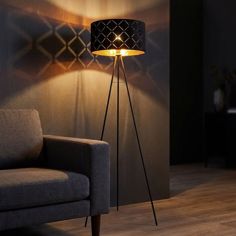 GLOBO LIGHTING LED Stehlampe, Leuchtmittel inklusive, Warmweiß, LED Stehlampe Standleuchte Beistelllampe 3 Beine schwarz gold H 149cm
