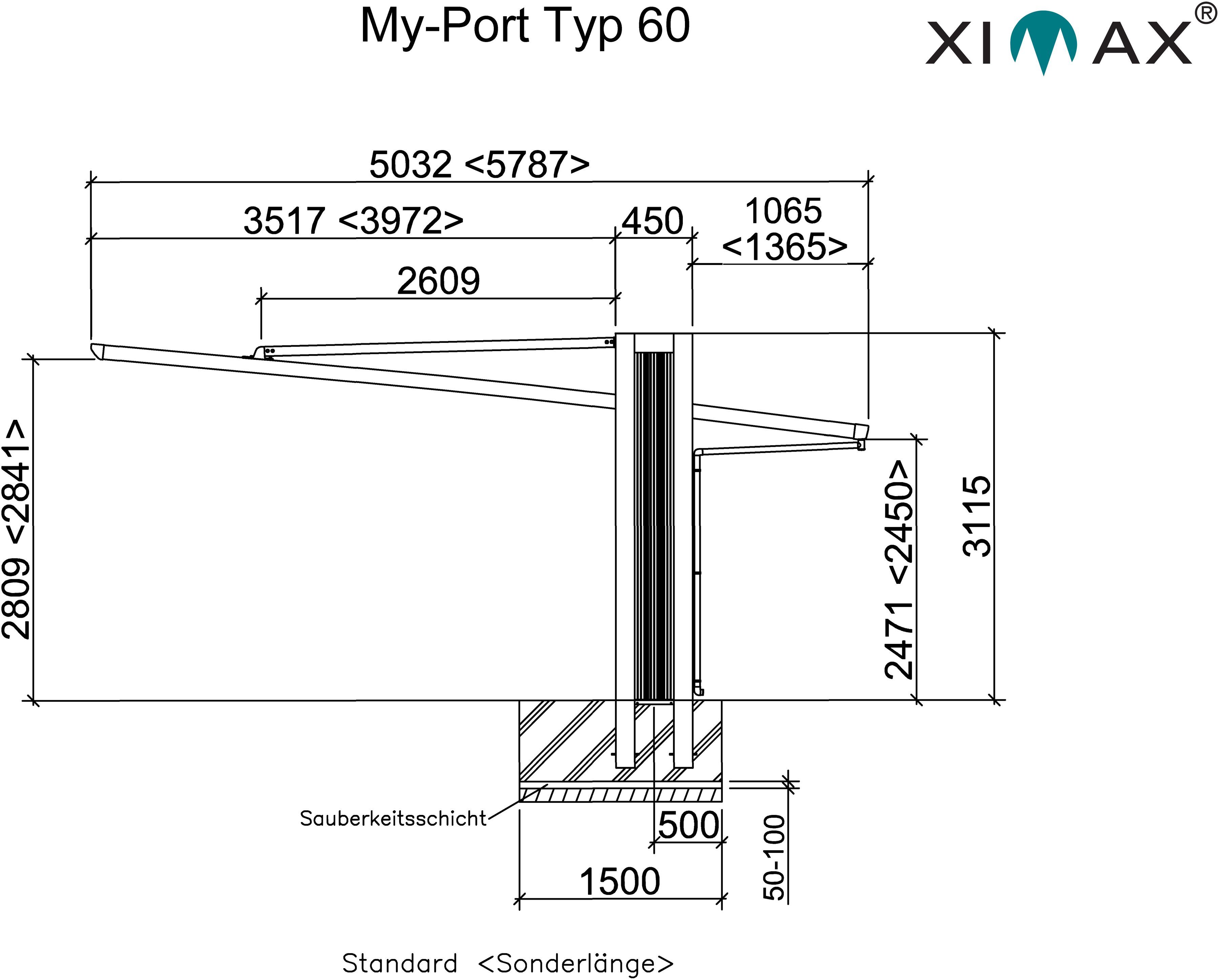 Einfahrtshöhe, cm 247 Aluminium cm, Sonderhöhe-Edelstahl-Look, My-Port Typ Einzelcarport 243x503 BxT: Typ 2450 60 Ximax