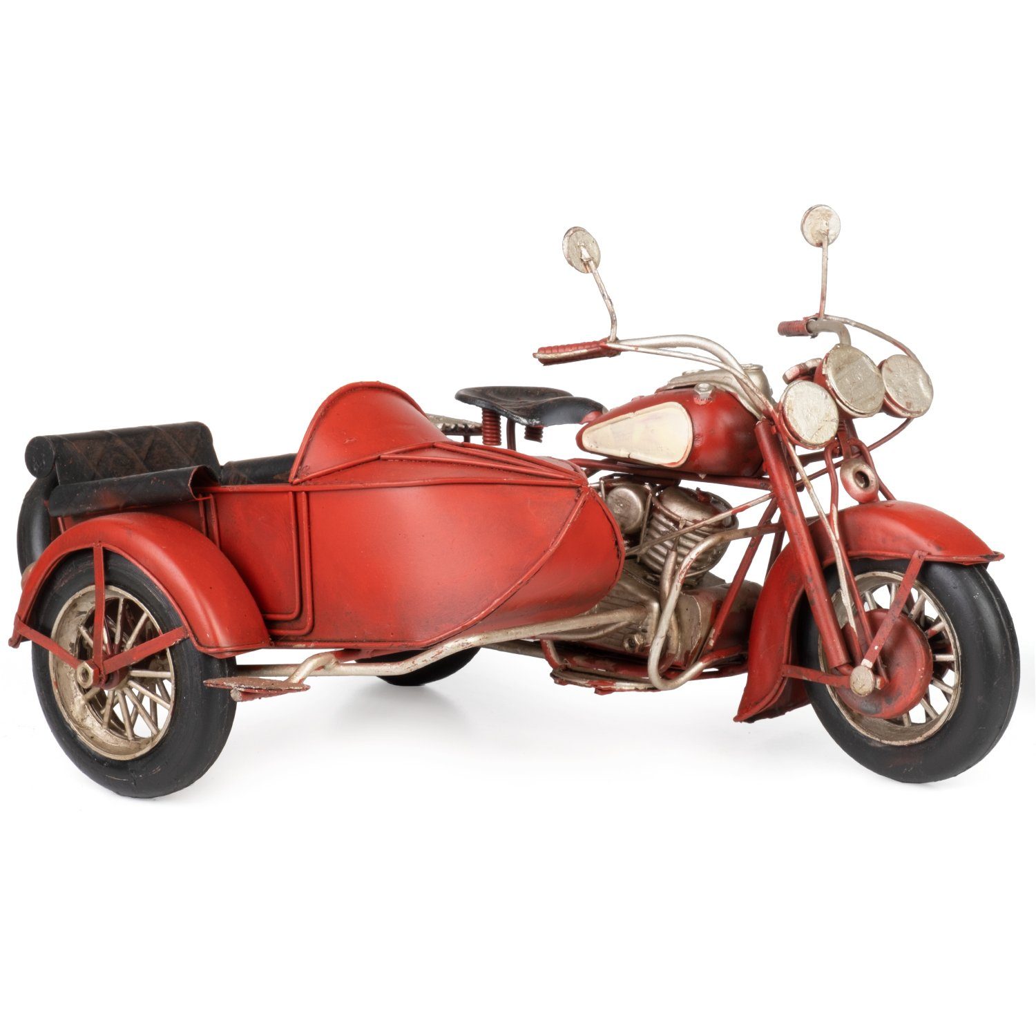 Moritz Dekoobjekt Blech-Deko Motorrad mit Beiwagen rot weiß, Modell Nostalgie Antik-Stil Retro Blechmodell Miniatur Nachbildung