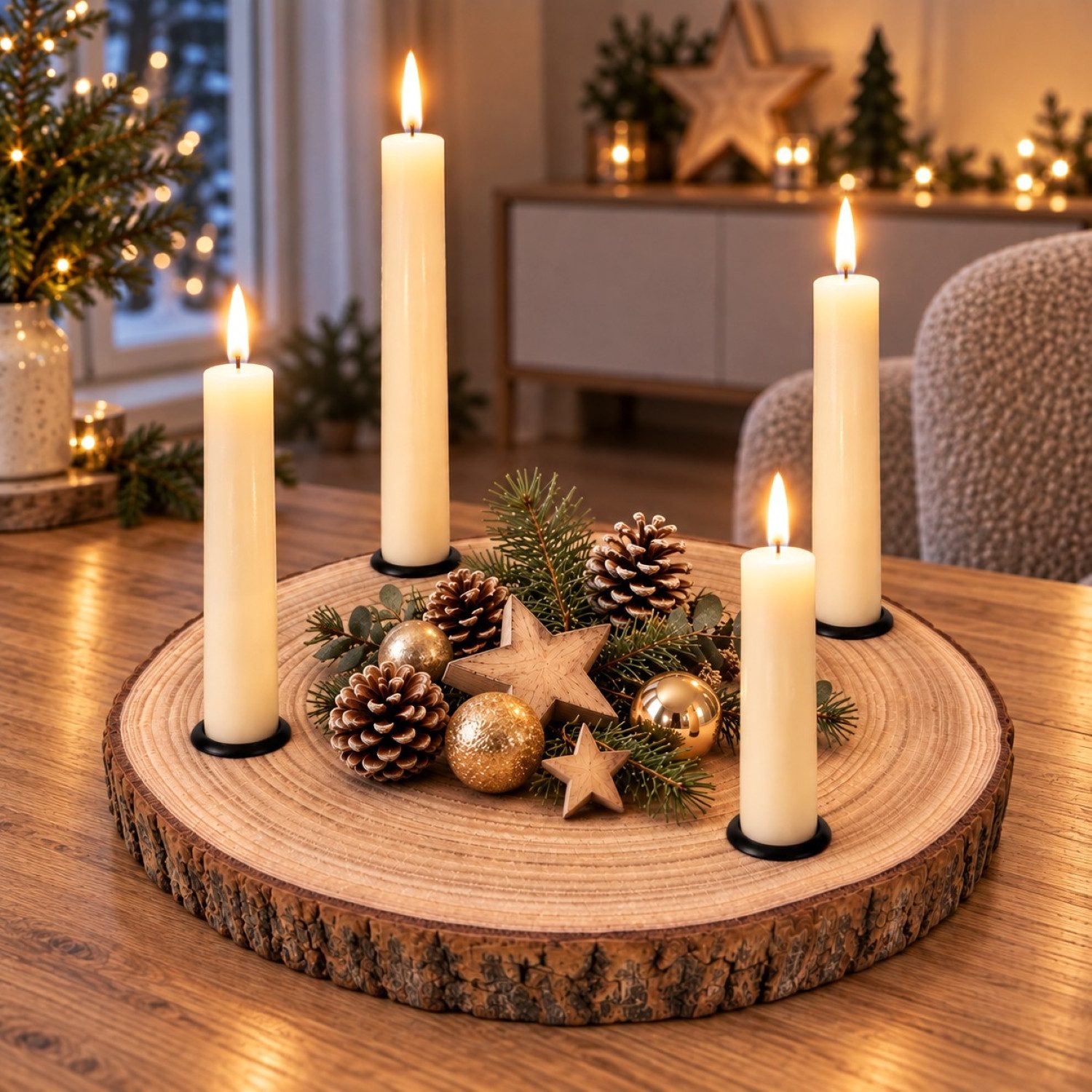 Online-Fuchs Adventskranz für Stabkerzen, Kerzenhalter aus einer Holz Baumscheibe Weihnachtsdeko, bietet Platz für eigene kreative Ideen