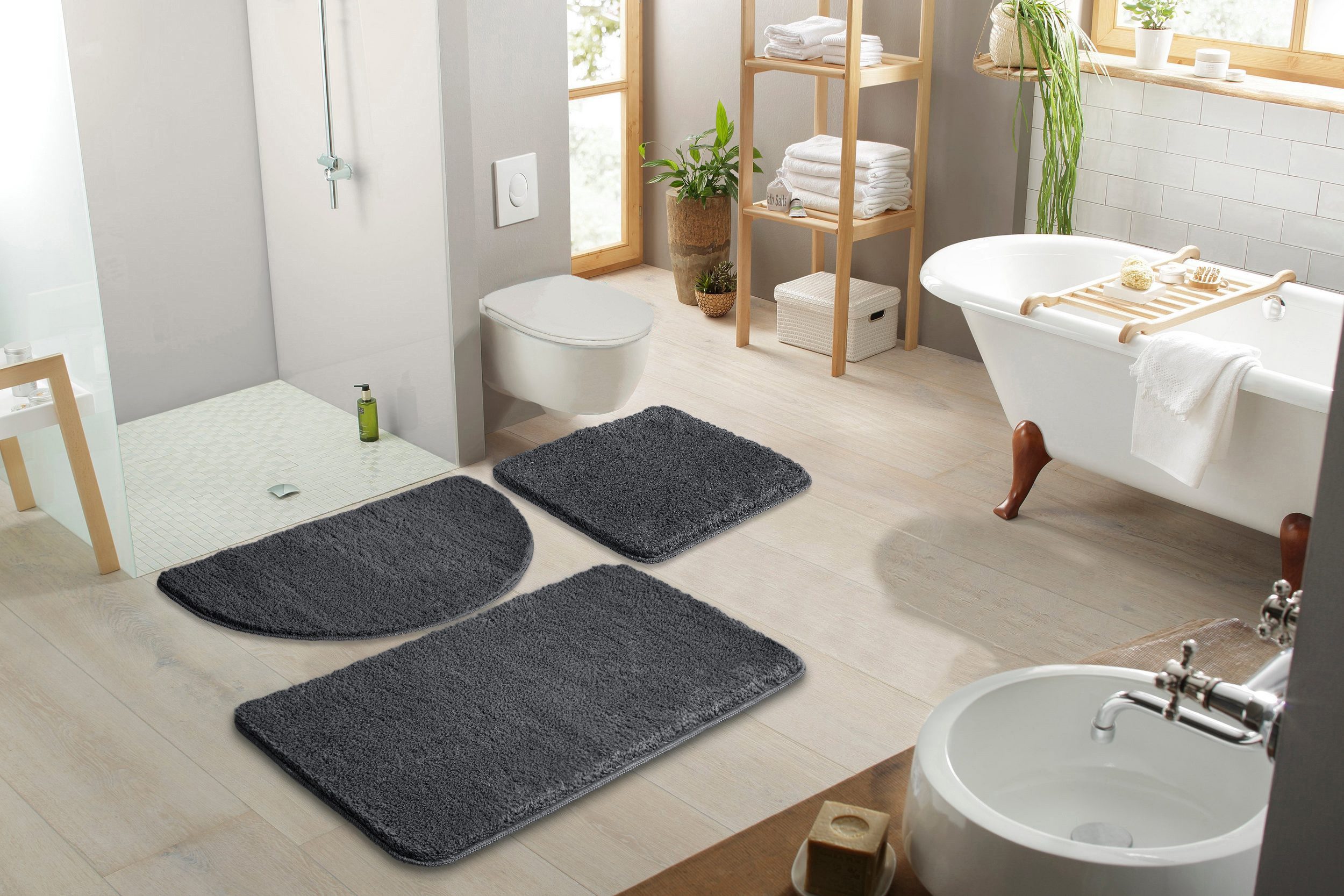 OTTO home Badematte Inga, Badezimmer Teppich, Badvorleger, Höhe 20 mm, rutschhemmend beschichtet, schnell trocknend, strapazierfähig, fußbodenheizungsgeeignet, Polyester, rechteckig, Badteppich, unifarben, weich, als halbrund und rechteckig erhältlich
