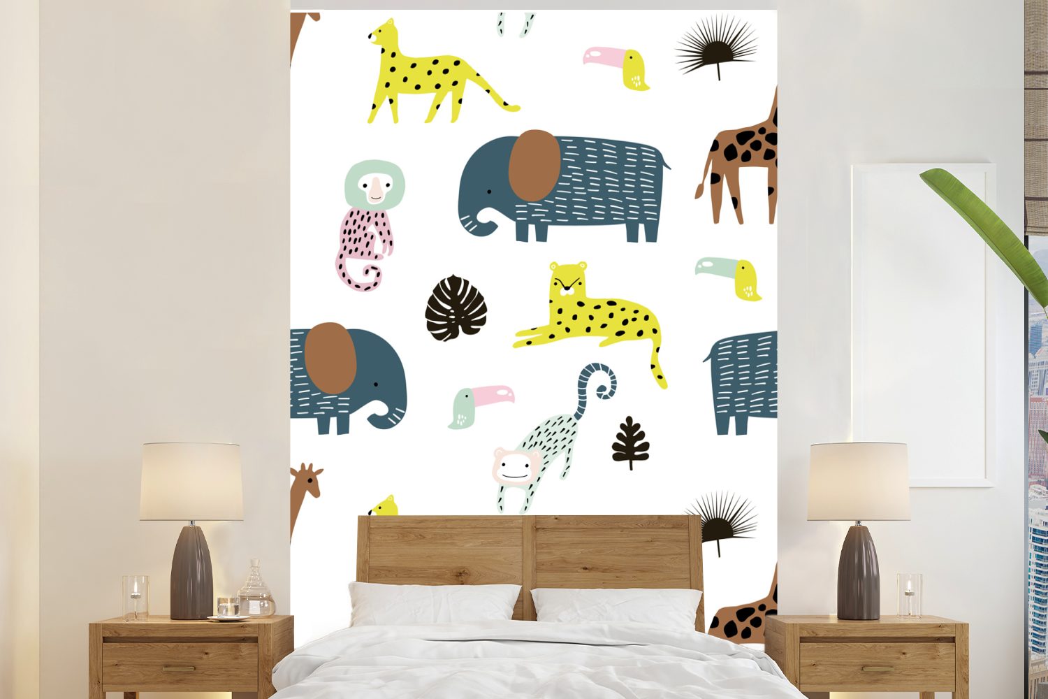 MuchoWow Fototapete Tiere - Elefant - Affe - Weiß, Matt, bedruckt, (3 St), Montagefertig Vinyl Tapete für Wohnzimmer, Wandtapete