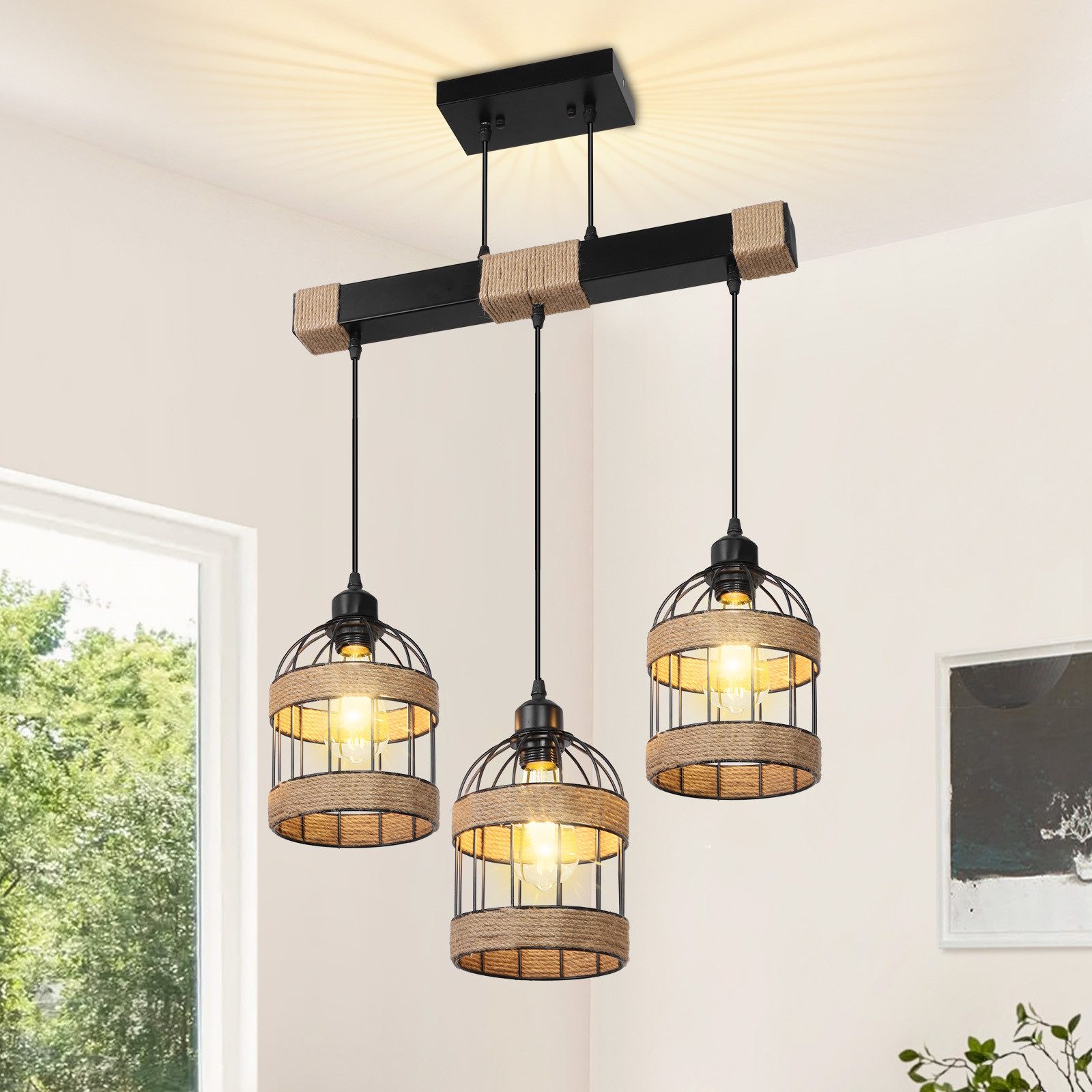 Rosnek LED Pendelleuchte 3-flammige Rattan Küchen Pendelleuchte – Höhenverstellbar & DIY, Halogen, warmweiß, Farmhouse Hängelampe für Kitchen Island & Esszimmer, Leuchtmittel inkl