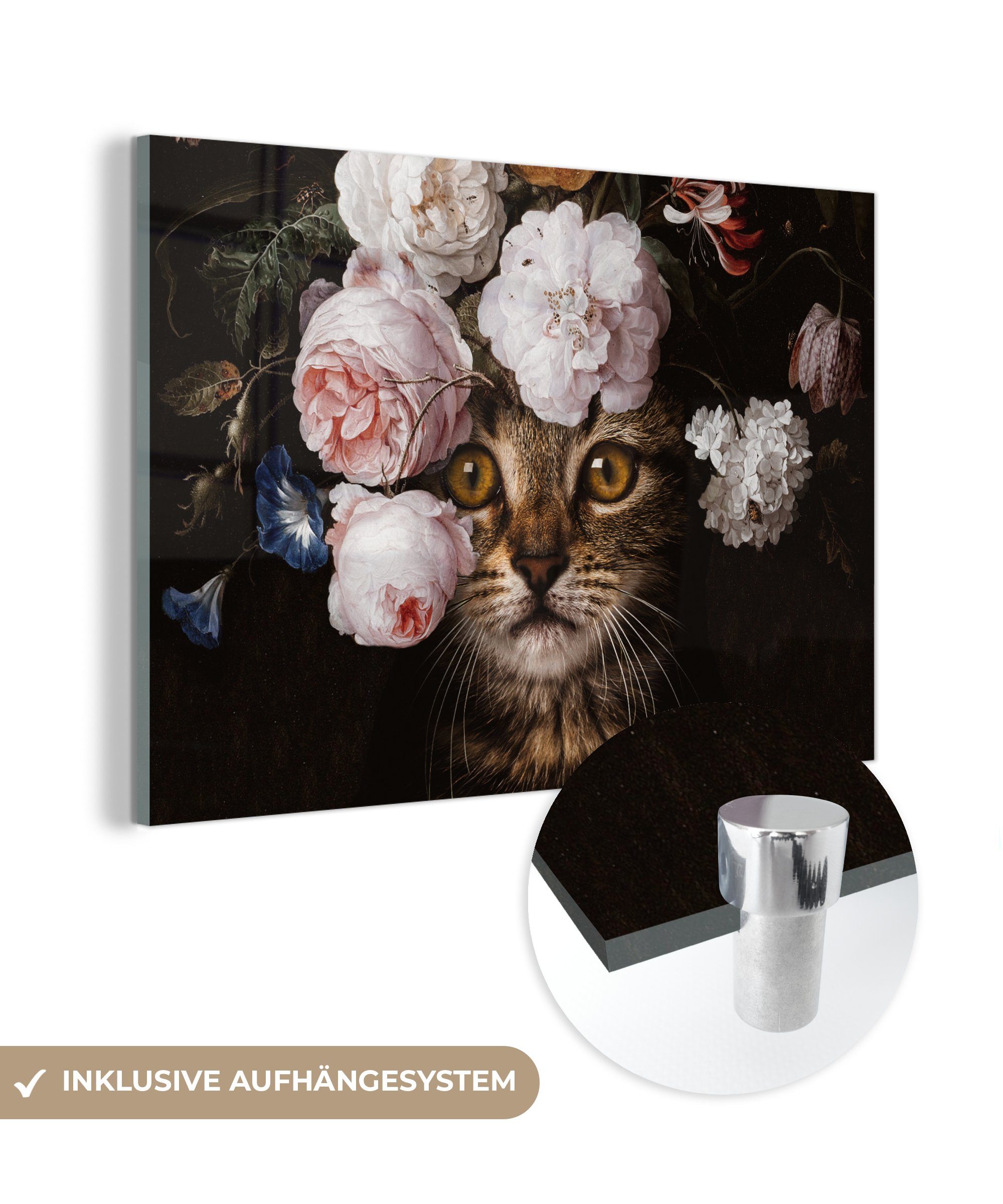 MuchoWow Acrylglasbild Katze - Blumen - Kunst, (1 St), Glasbilder - Bilder auf Glas Wandbild - Foto auf Glas - Wanddekoration