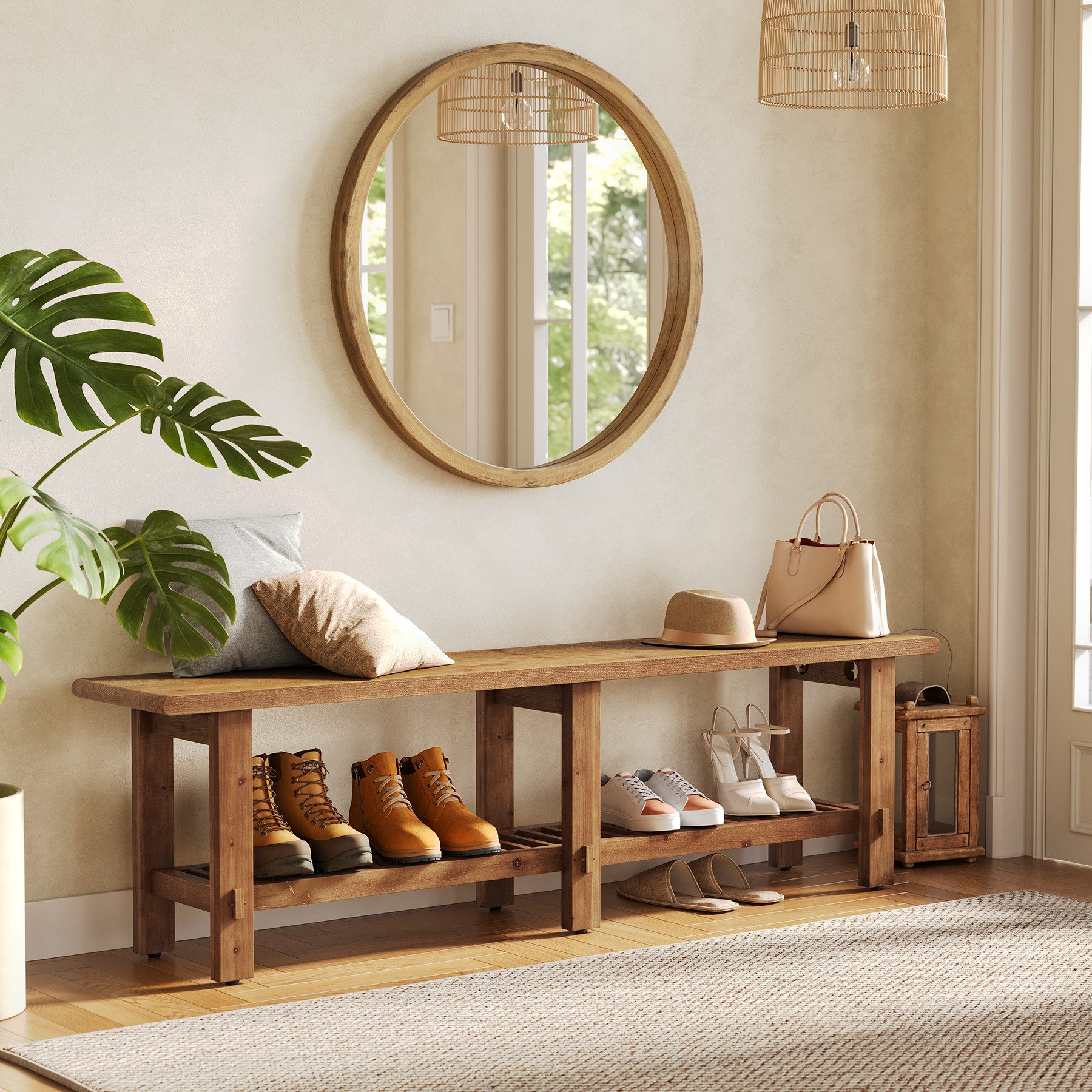 Tribesigns Schuhbank 160 cm Massivholzbank, Sitzbänke im Landhausstil mit Ablage, Flurbank (für Schlafzimmer, Wohnzimmer, Eingangsbereich und Flur)