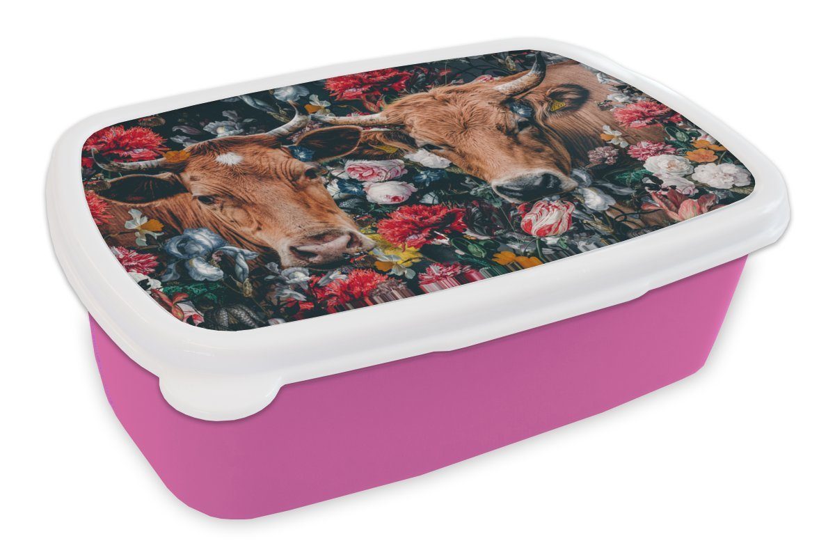 Erwachsene, Brotdose Lunchbox Kunststoff, rosa Kunststoff Tiere - Blumen Snackbox, - (2-tlg), Kuh MuchoWow Brotbox Mädchen, Kinder, - für Porträt,