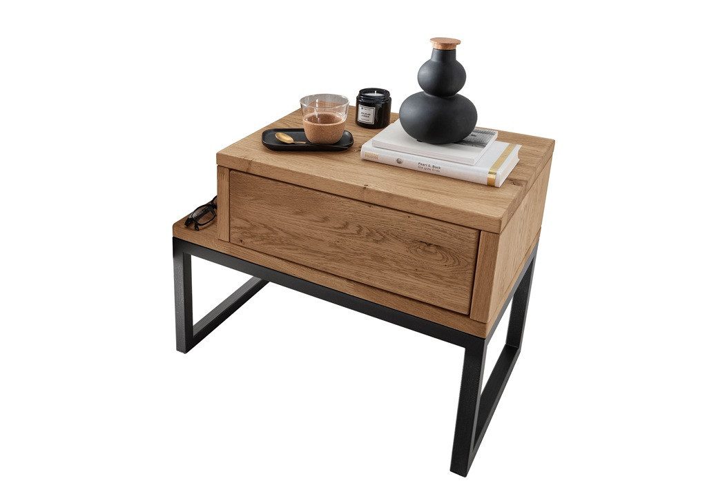 Main Möbel Nachttisch 55x45cm 'Kiara' Wildeiche massiv geölt & Metall schwarz