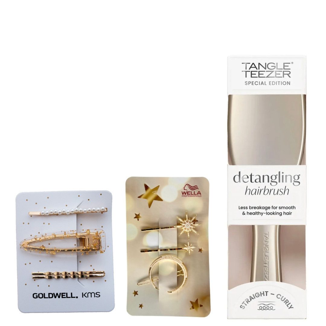 TANGLE TEEZER Haarbürsten-Set Detangling Brush Chrome Neo Gold + Haarspangen-Sets