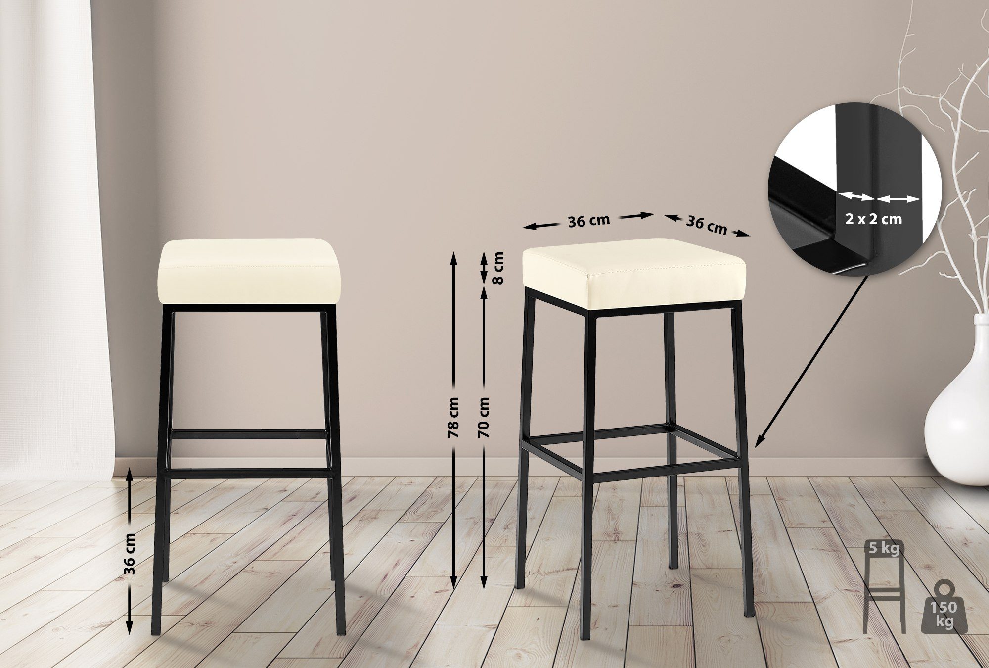 CLP Barhocker Montreal 80 Kunstleder (2er Set, 2 St., 2er), Kunstlederbezüge, stabile Metallgestelle