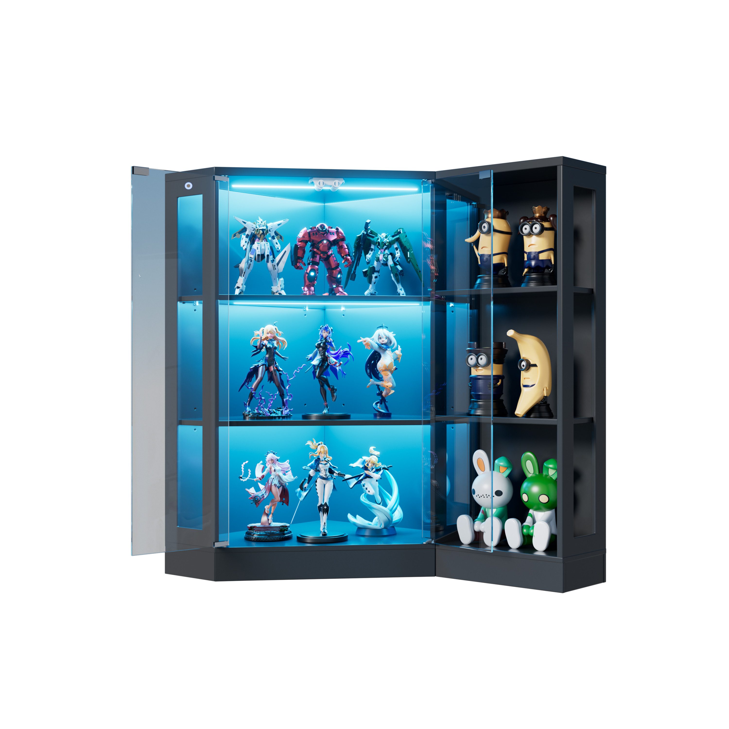 PEALOV Eckvitrine mit Glastüren und LED-Beleuchtung, 3 Ebenen Vitrinenschrank (1-St) 2-in-1 Vitrinenset, Sammlervitrine für Wohnzimmer, Büro