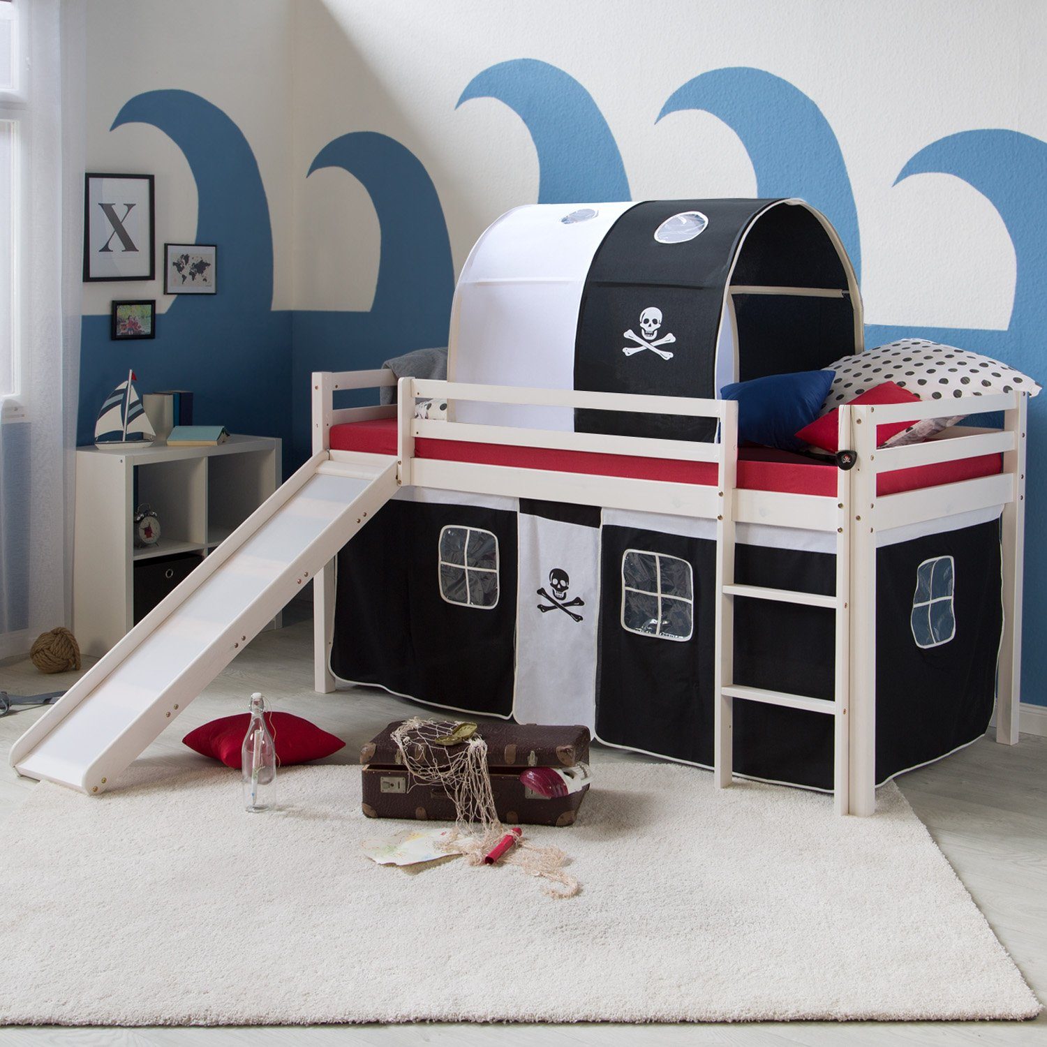 Homestyle4u Hochbett 90x200 Weiß mit Rutsche Vorhang Pirat 1566 günstig online kaufen