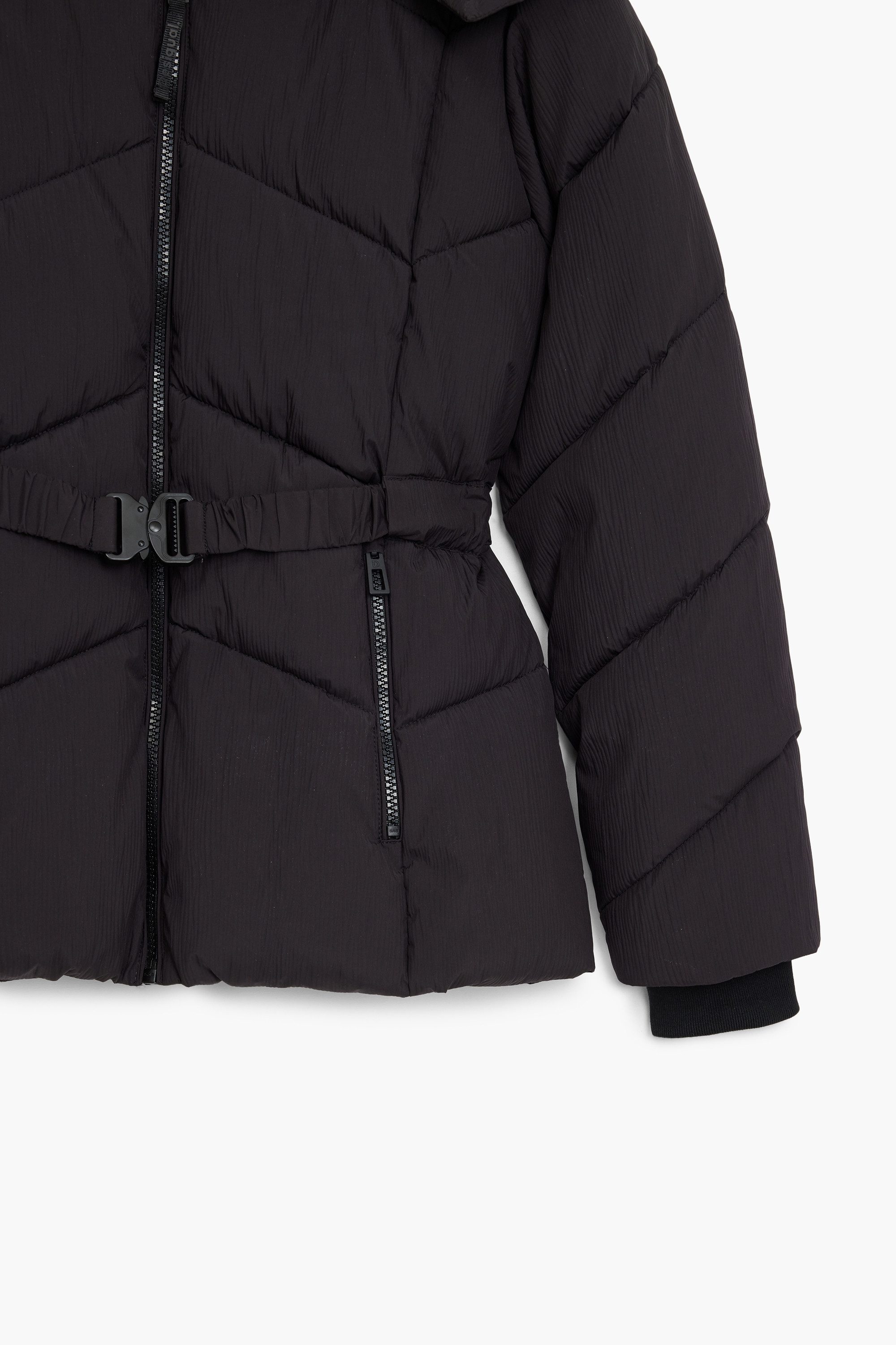 Desigual Outdoorjacke Damenjacke Schwarz mit Kapuze & Taillengürtel, Stylisch & Praktisch