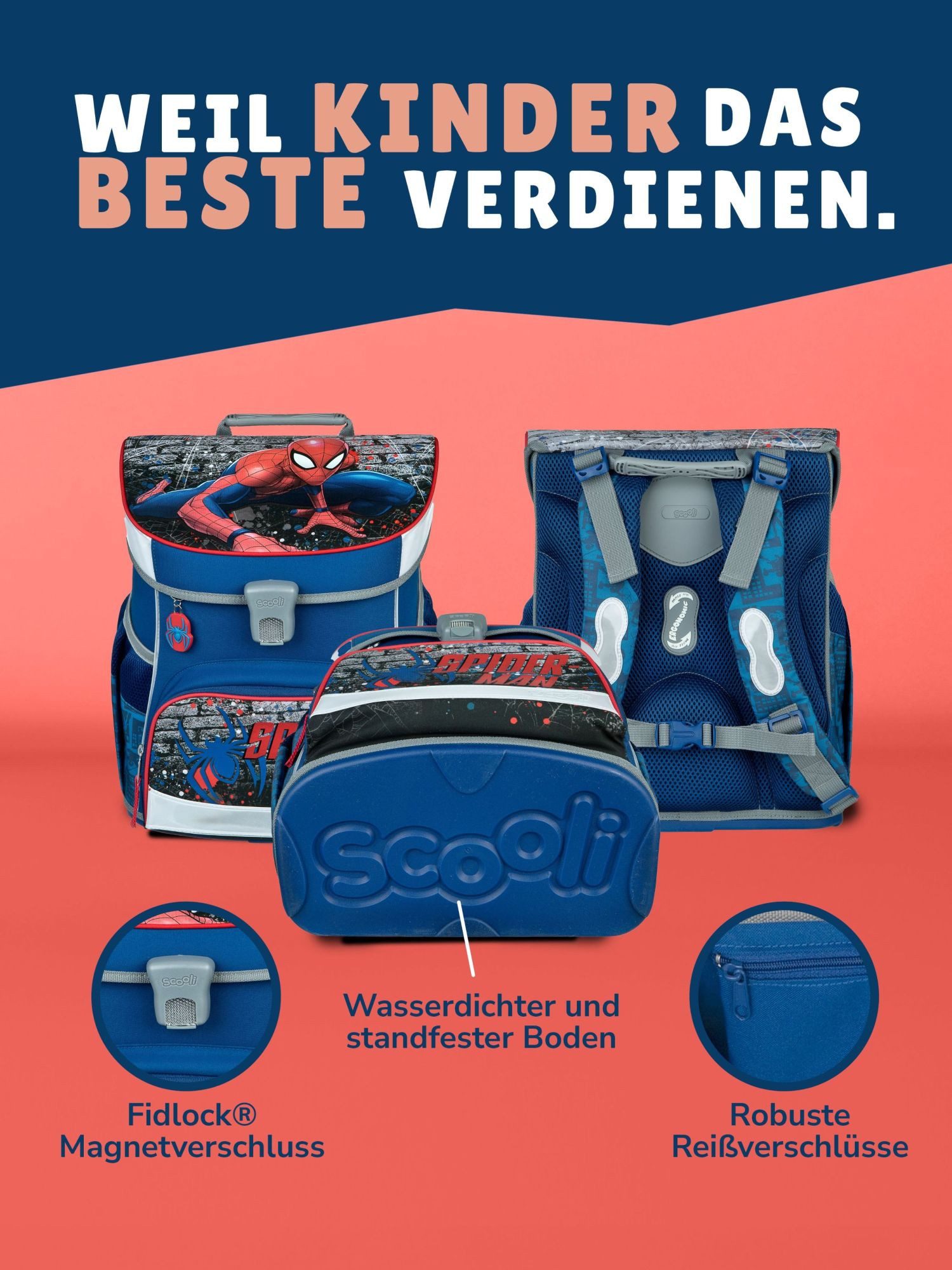 Scooli Schulranzen Campus Fit Spiderman Schultasche ab der 1. Klasse (Grund-Set, 5-tlg., mit gefüllter Federmappe, Turn- & Brustbeutel), mit Brustgurt, 980 Gramm leicht, 18L Volumen