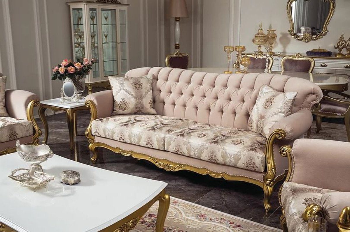 Casa Padrino Sofa Luxus Barock Wohnzimmer Sofa Rosa / Gold 220 x 82 x H. 95 cm - Massivholz Sofa mit elegantem Muster und dekorativen Kissen - Wohnzimmer Möbel im Barockstil