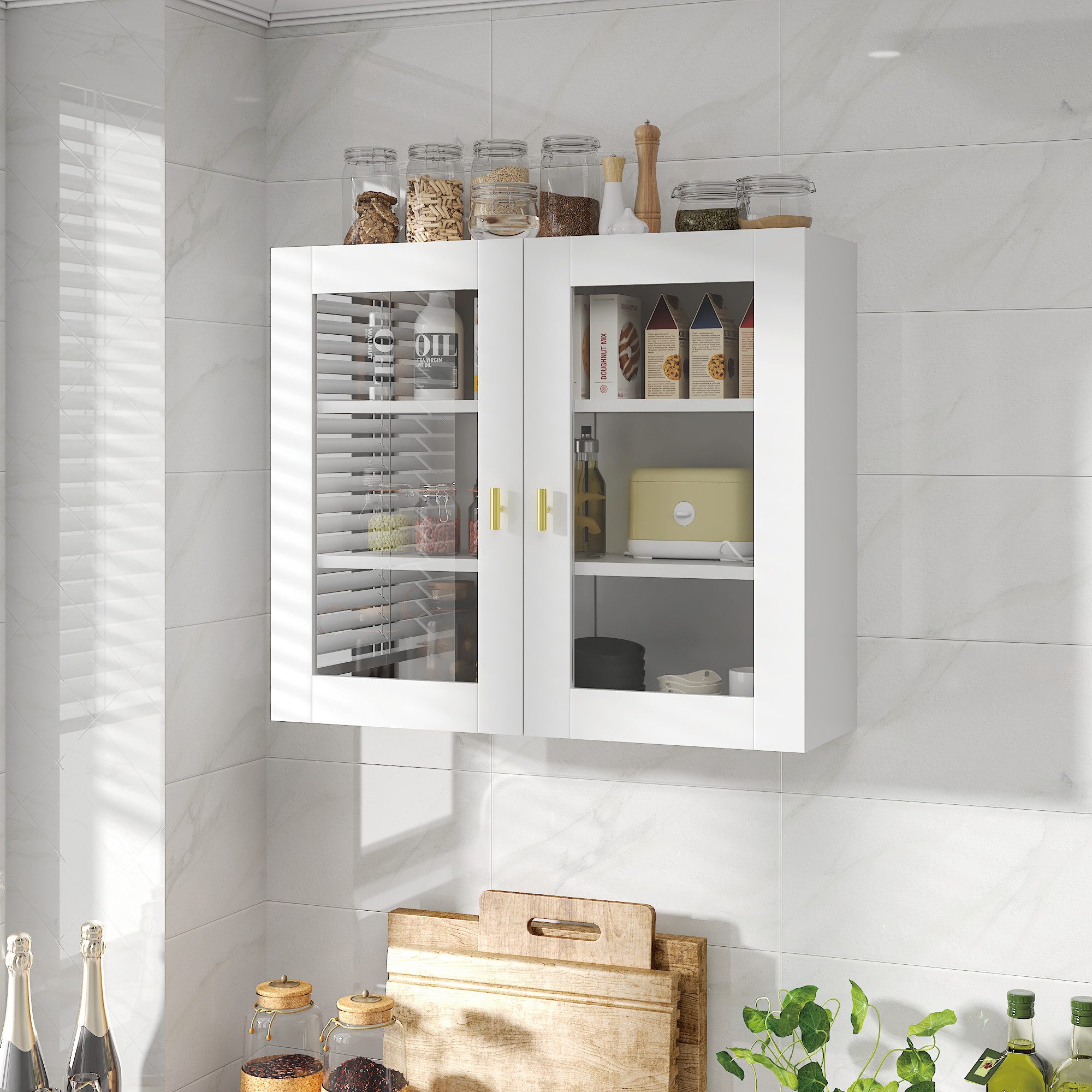 radelldar Hängeschrank Küchenhängeschränke mit 2 Glastüren, 70 x 60 x 23 cm, Weiß (1-St)