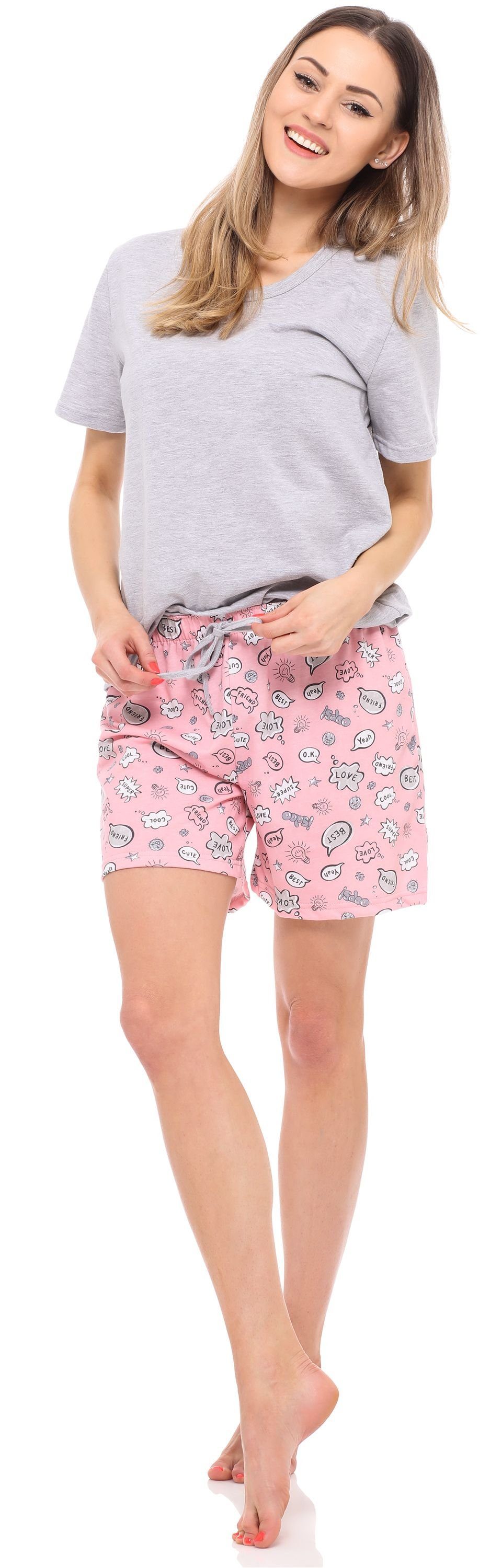 Schlafanzug Melange/Rosa Pyjama Baumwolle Damen Merry Pyjama Zweiteiler Set Kurz Schlafanzug MS10-177 Style