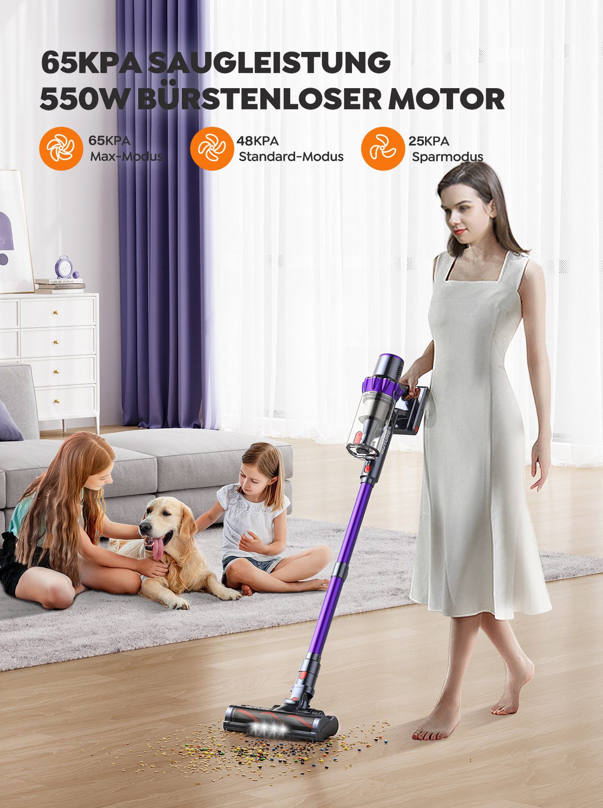 Buture Akku-Hand-und Stielstaubsauger 78000Pa Akku Staubsauger 650W Akkusauger kabellos 55 Min Laufzeit, 650 W, Intelligenter Touchscreen, Abnehmbarer Akku, 1,5 L Staubbehälter