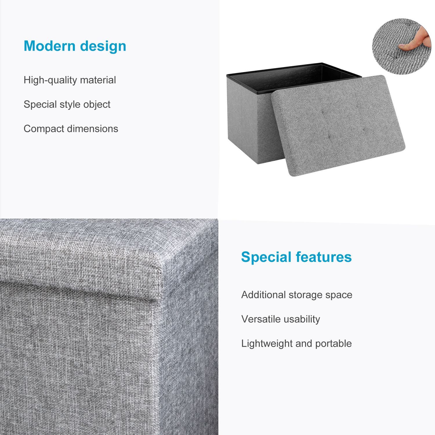 Intirilife Sitzhocker (Sitzwürfel mit Stauraum 49x30x30 cm in FELS GRAU - Fußablage, 1 St), Faltbare Sitzbank - aus Stoff mit Mulden - Aufbewahrungsbox Truhe – Bild 3 von 5