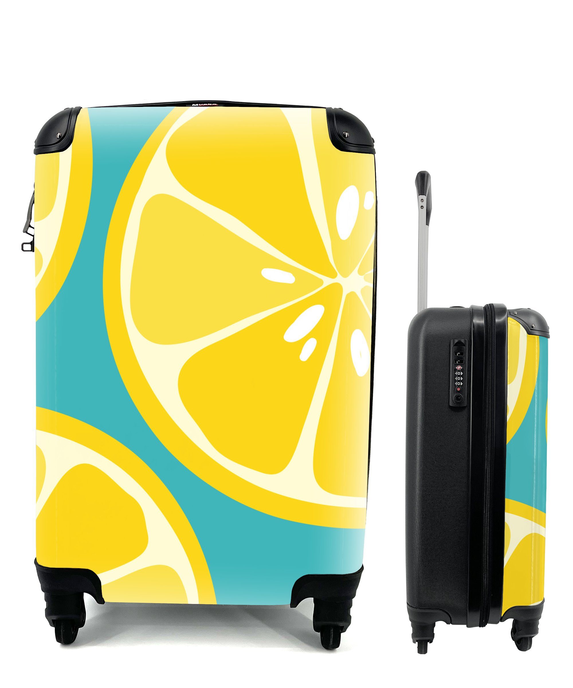 MuchoWow Handgepäckkoffer Illustration von Zitronen auf einem blauen Hintergrund, 4 Rollen, Reisetasche mit rollen, Handgepäck für Ferien, Trolley, Reisekoffer
