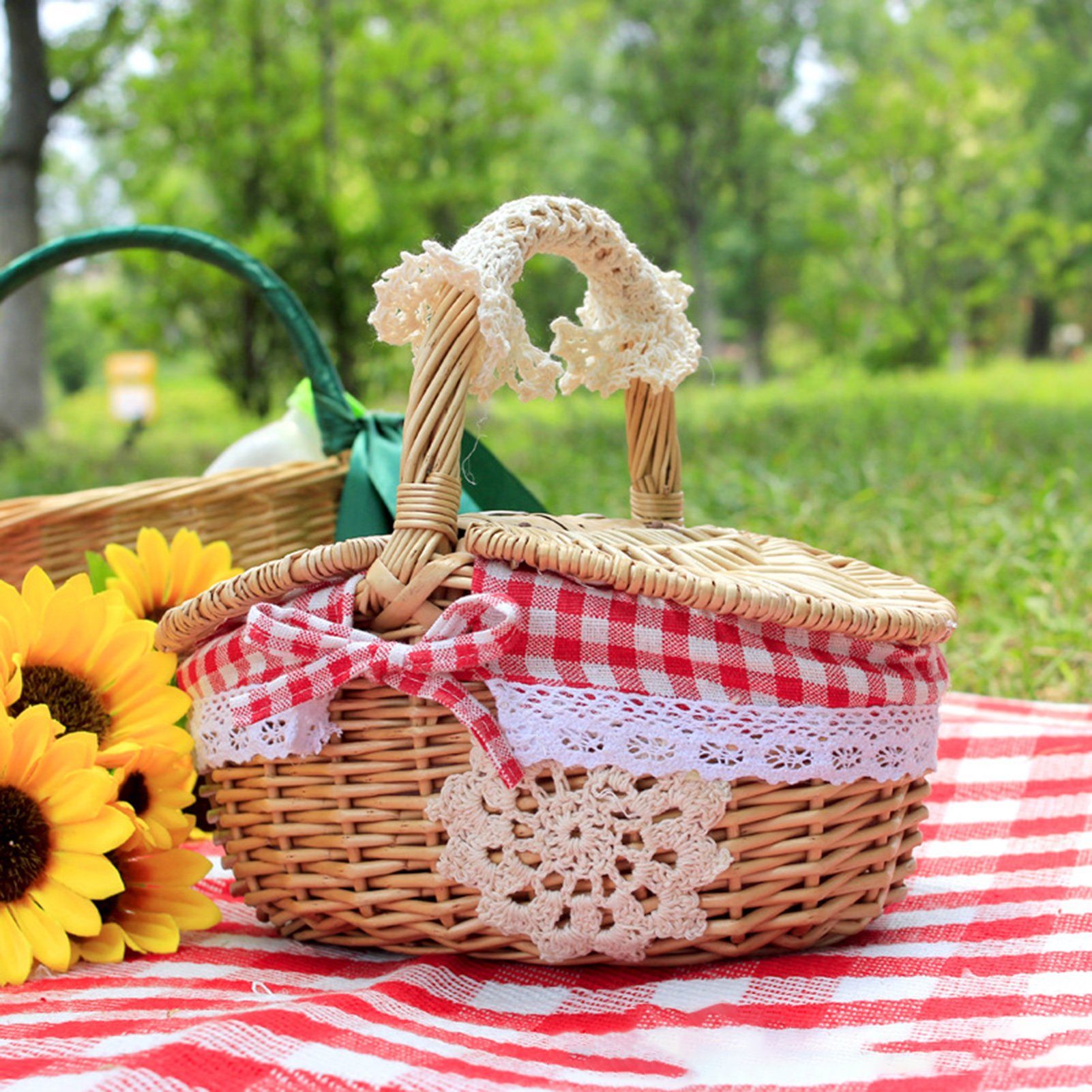 Geflochtener Picknickkorb für Outdoor Picknickkorb,Weidenkorb Korb Mit Rutaqian Rot Blumen Korb