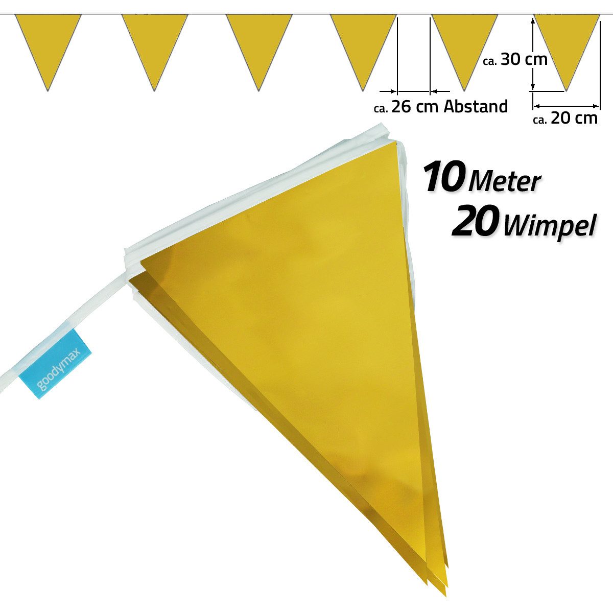 Goodymax Hängedekoration Wimpelkette 10 m Gold Goldene Hochzeit Goldhochzeit Jubiläum (20 Wimpel a 20 x 30 cm), metalisch glänzend Wimpel Girlande Fähnchen