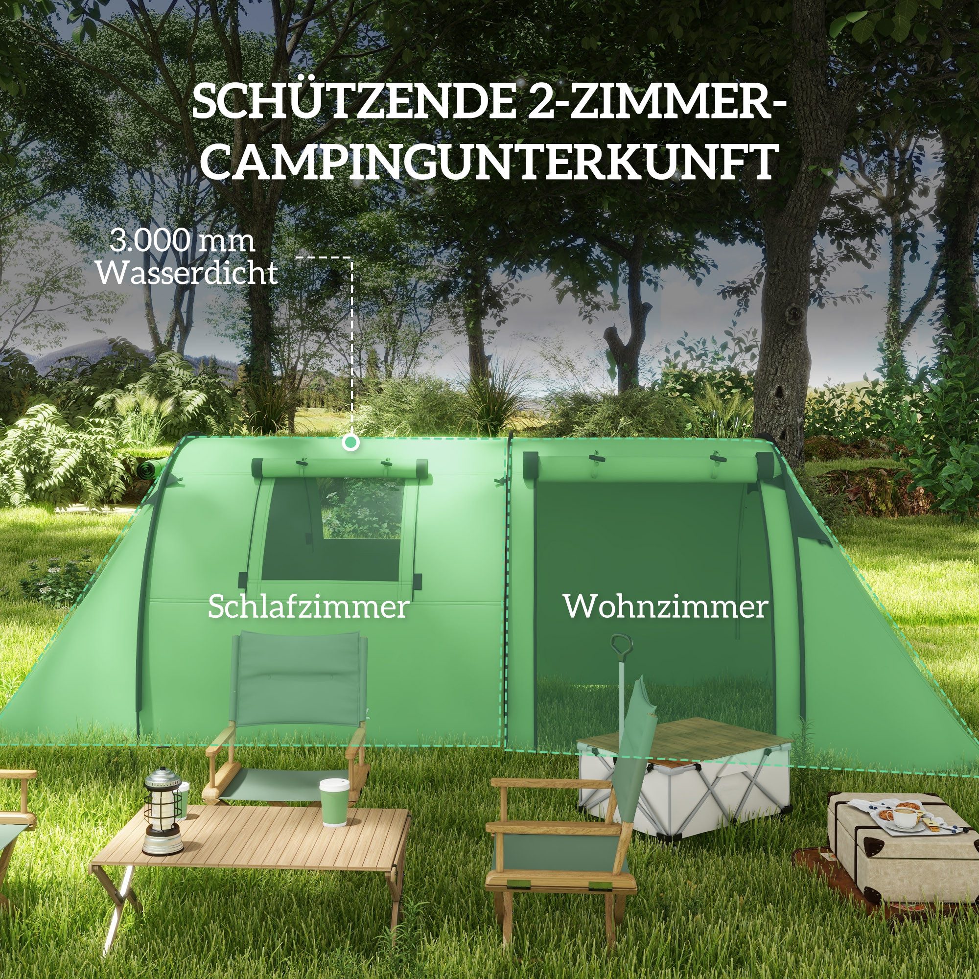 furnicato Gruppenzelt Familienzelt 4 Personen 470x220x150 cm Dunkelgrün, (1 tlg), Geräumiges Familienzelt mit 2 Räumen und seitlichen Mesh-Fenstern