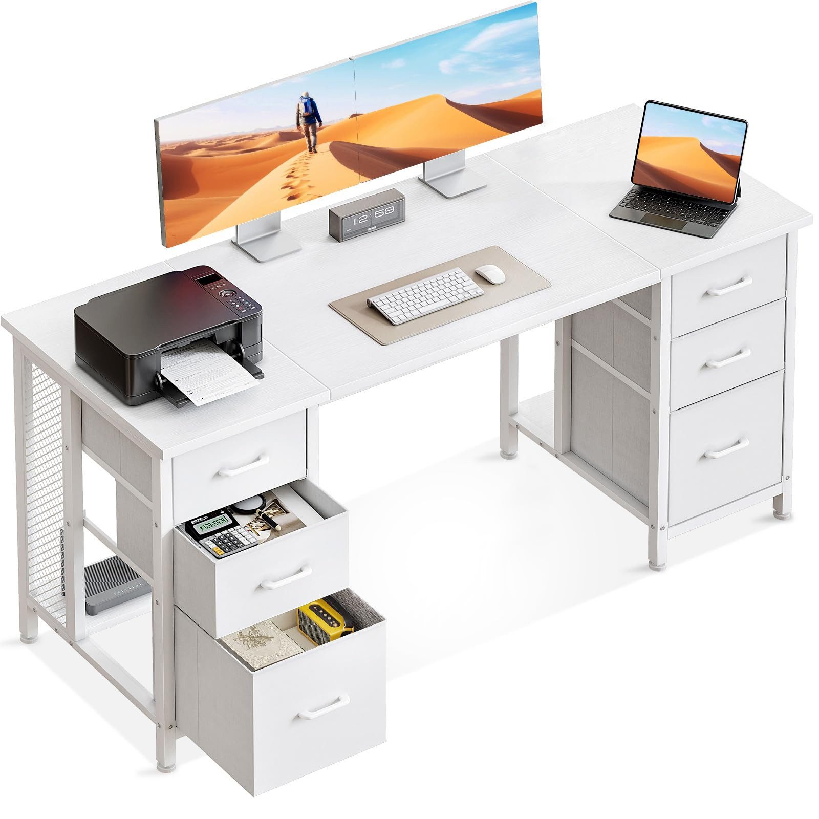 ODK Schreibtisch mit 6 Stoffschubladen, Umbaubarer Computertisch mit Regal (1-St), 160x52 cm Weiß, Viel Stauraum, Ideal für Büro & Gaming