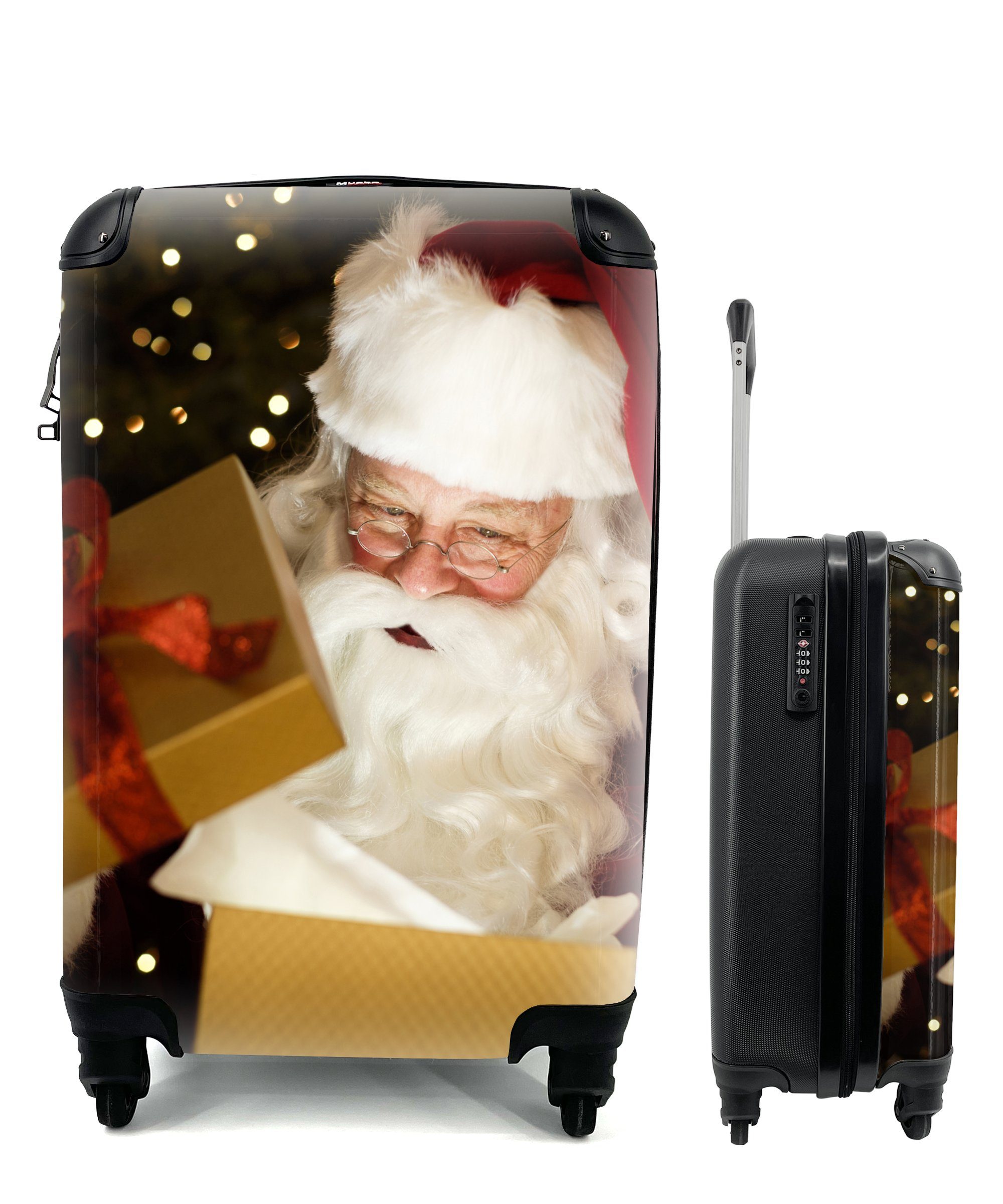 MuchoWow Handgepäckkoffer Ein Porträt des Weihnachtsmanns beim Öffnen der Weihnachtsgeschenke, 4 Rollen, Reisetasche mit rollen, Handgepäck für Ferien, Trolley, Reisekoffer