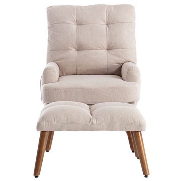 IDEASY Gartensessel Sessel-Loungesessel mit Fußstütze, verstellbarer Rückenlehne, (Loungesessel mit Hocker), gepolstert, Holzbeinen, Seitentaschen zur Aufbewahrung