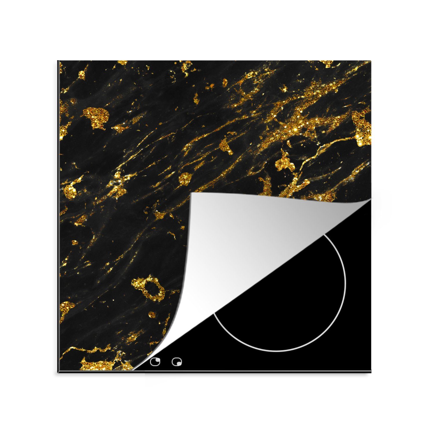 MuchoWow Herdblende-/Abdeckplatte Marmor - Gold - Schwarz - Stein, Vinyl, (1 tlg), 78x78 cm, Ceranfeldabdeckung, Arbeitsplatte für küche