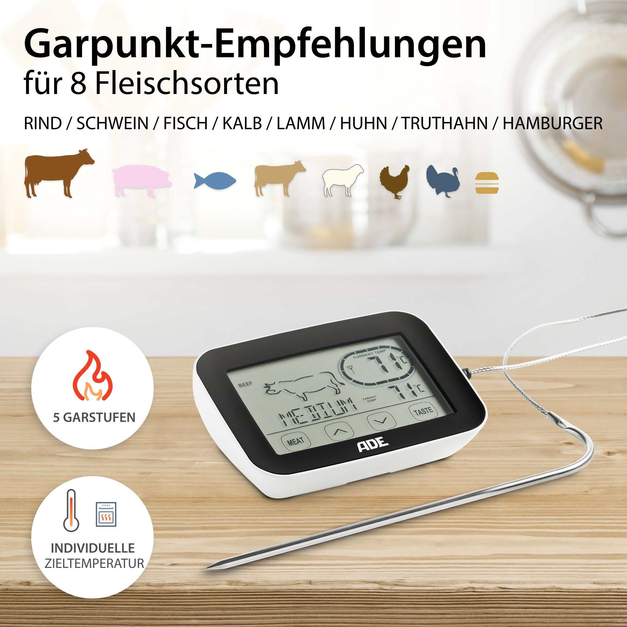 ADE Bratenthermometer Funk-Grillthermometer mit Touch-Display, mit Funkempfänger, Fühler aus Edelstahl, 5 Garstufen, Touch-Display