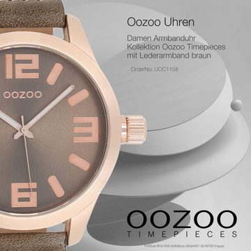 OOZOO Quarzuhr Oozoo Damen Armbanduhr braun, (Analoguhr), Damenuhr rund, extra groß (ca. 46mm) Lederarmband, Fashion-Style