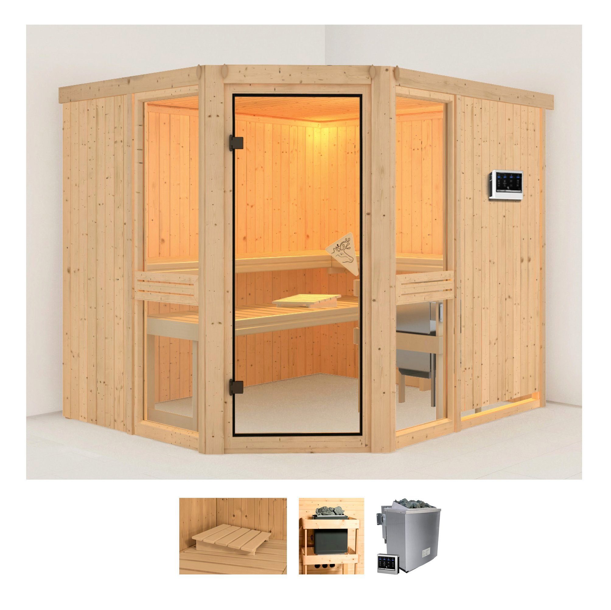 Karibu Sauna Aline 3, BxTxH: 231 x 196 x 198 cm, 68 mm, (Set) 9-kW-Bio-Ofen mit externer Steuerung