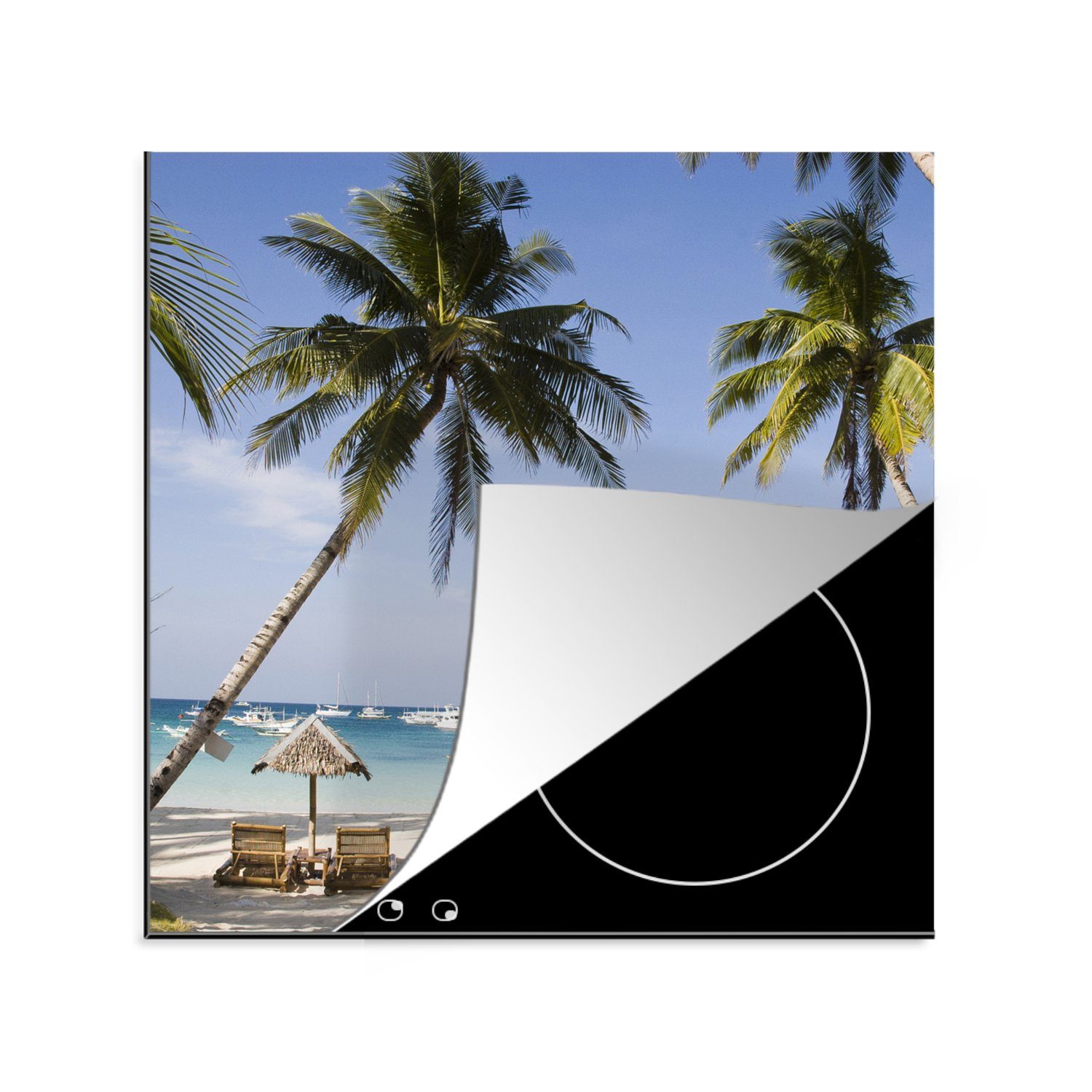 MuchoWow Herdblende-/Abdeckplatte Palmen und Liegestühle am Strand von Boracay, Vinyl, (1 tlg), 78x78 cm, Ceranfeldabdeckung, Arbeitsplatte für küche