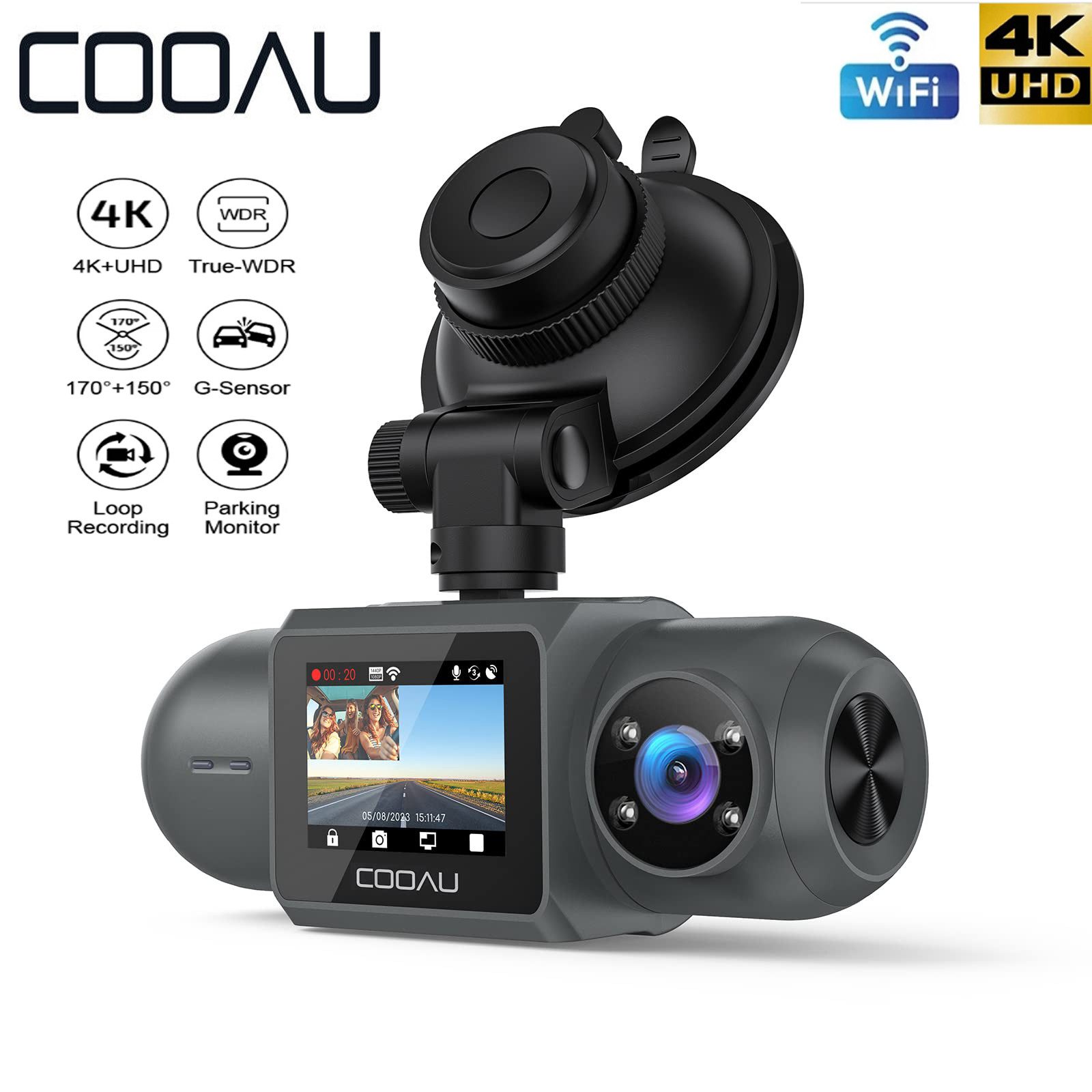 COOAU Dashcam Auto,2,5K+1440P+1080P Autokamera,mit 1.5 TFT LCD Bildschirm Dashcam (WLAN (Wi-Fi), APP-Verbindung, Sprachauf zeichnung, Unfallsperre, mit Loop-Recordning, G-Sensor-Erkennung,und 24-Stunden Parkmonitor)