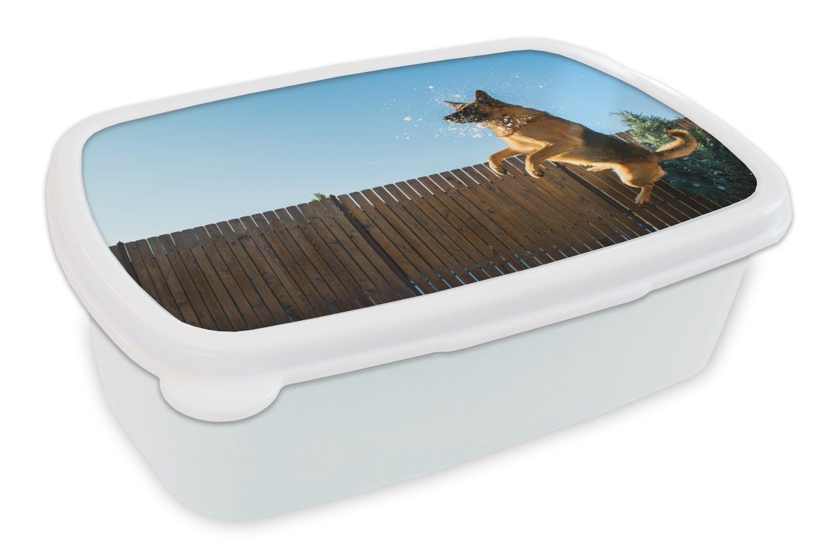MuchoWow Lunchbox Und Deutscher Schäferhund springt in den Schnee, Kunststoff, (2-tlg), Brotbox für Kinder und Erwachsene, Brotdose, für Jungs und Mädchen weiß